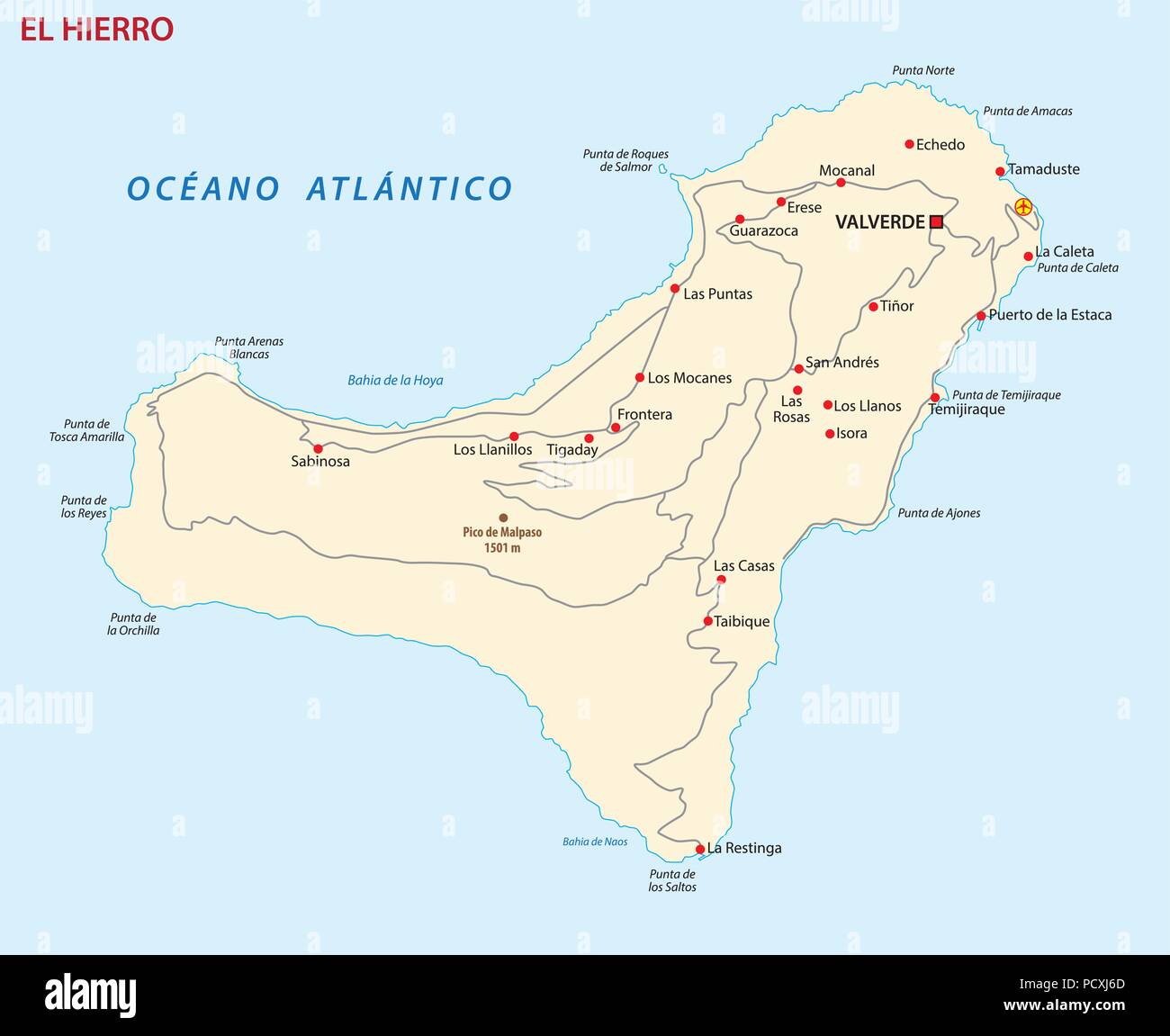 Vector carte routière de l'île des Canaries gran El hierro carte. Illustration de Vecteur