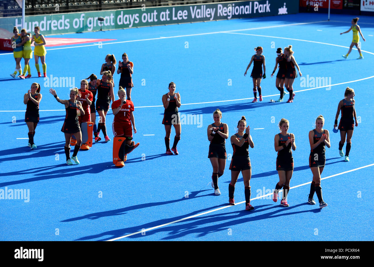 Joueur des Pays-Bas après avoir remporté la fusillade pour gagner le match au cours de l'épanouissement de la Coupe du Monde féminine de hockey Semi finale match à la Lee Valley Hockey and Tennis Centre, Londres. ASSOCIATION DE PRESSE Photo, Photo date : Samedi 4 août 2018. Crédit photo doit se lire : Steven Paston/PA Wire Banque D'Images