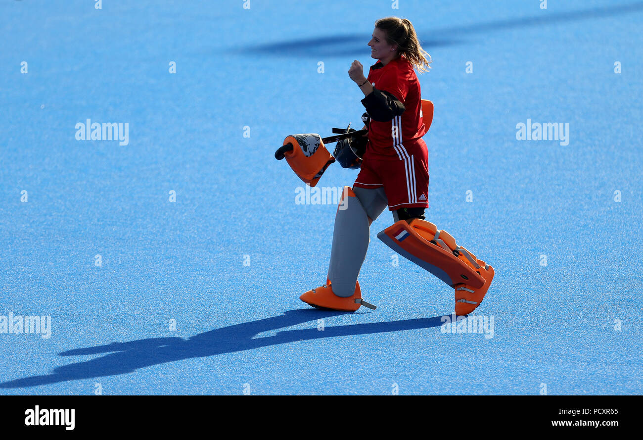 Josine Koning aux pays-Bas après avoir remporté la fusillade pour gagner le match lors de la demi-finale de la coupe du monde de hockey pour femmes Vitality au Lee Valley Hockey and tennis Centre, Londres.ASSOCIATION DE PRESSE photo, photo date: Samedi 4 août 2018.Le crédit photo devrait se lire: Steven Paston/PA Wire Banque D'Images