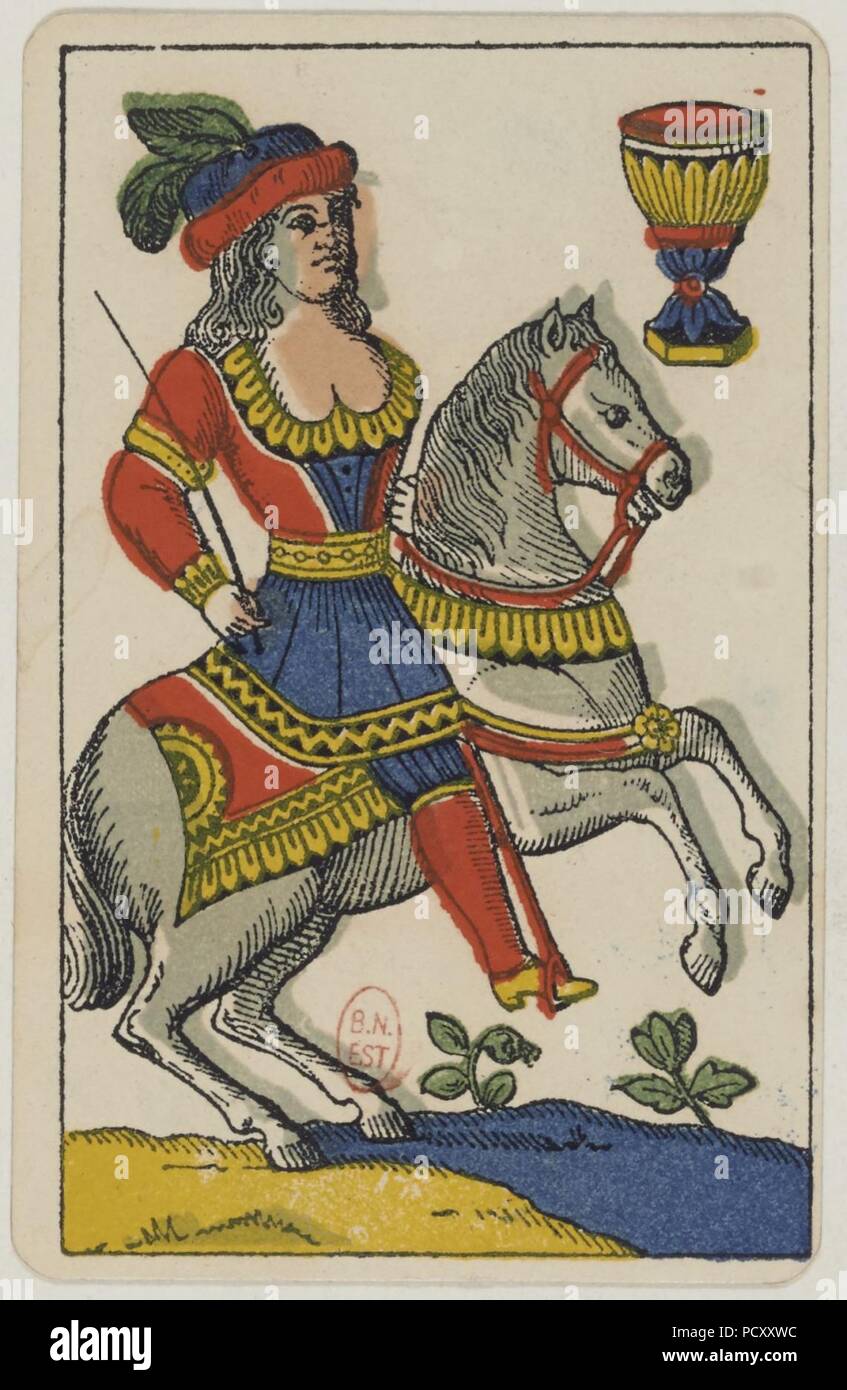Paquet de cartes Aluette - Grimaud - 1858-1890 - Chevalier de tasses. Banque D'Images