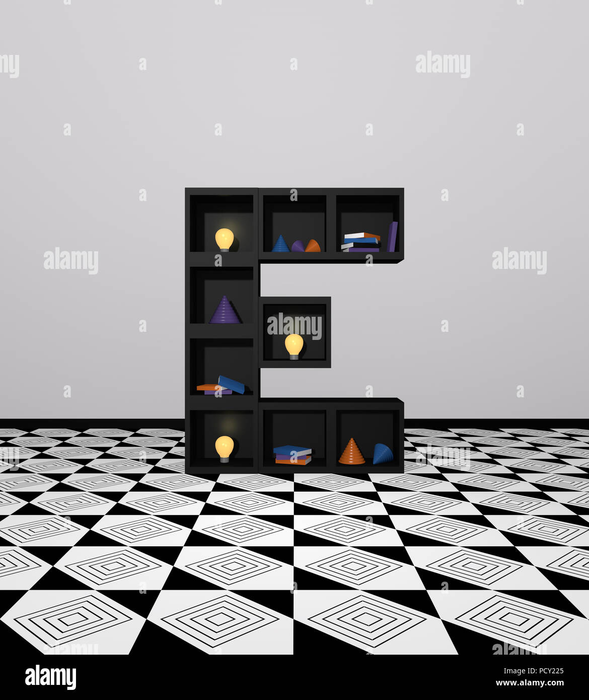 Idée vivante : Tablette en de cubes comme lettre E. avec des ampoules colorées, des livres et de la décoration. 3D render Banque D'Images Idée vivante : Tablette en de cubes comme lettre E. avec des ampoules colorées, des livres et de la décoration. 3D render Banque D'Images