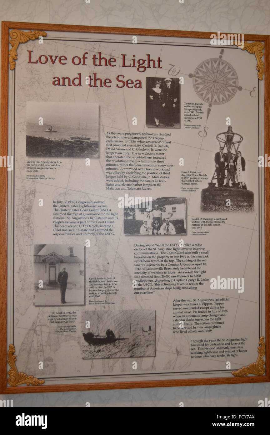 Visiteur descriptif Voyageur touristique informatif pédagogique Collage Photo historique Document célèbre phare de Saint Augustine en Floride Musée Monument Banque D'Images