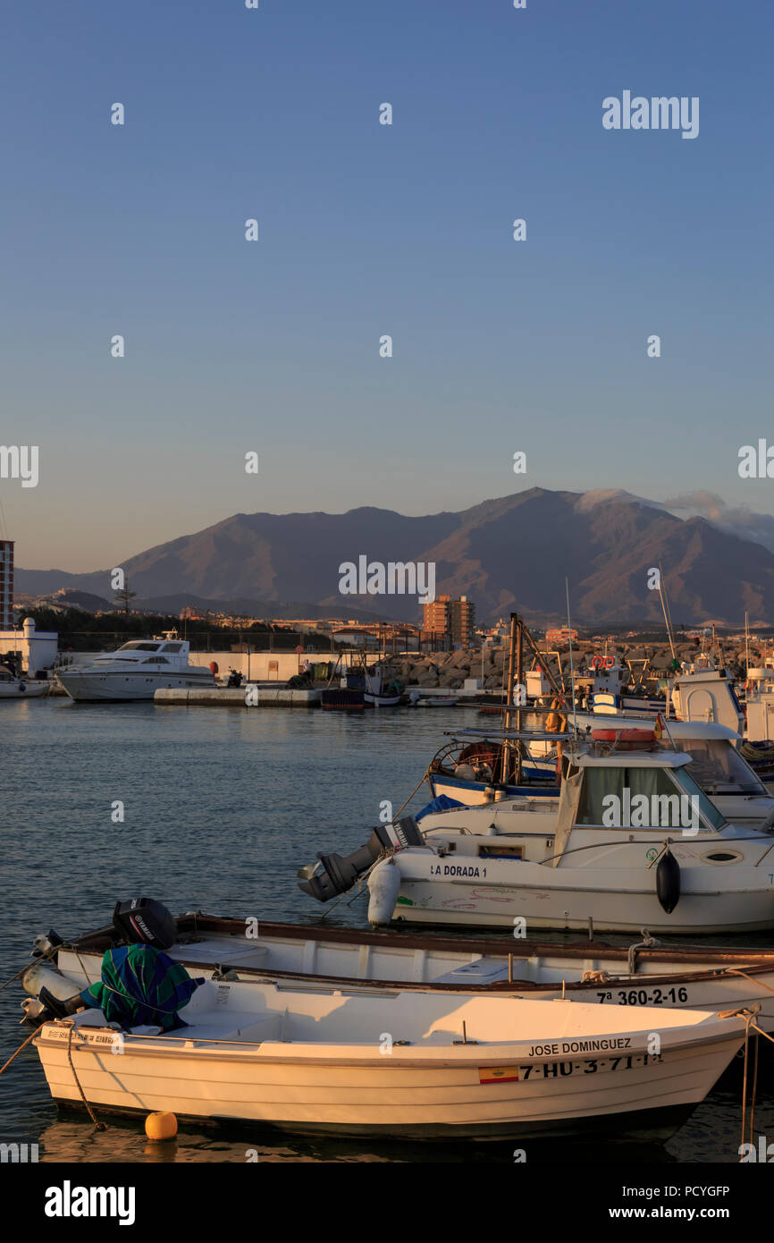 Les petits bateaux de pêche amarrés dans le petit port de plaisance de Puerto de la Duquesa sur la Costa del Sol, près de Estepona, avec Sierra Bermeja derrière Banque D'Images