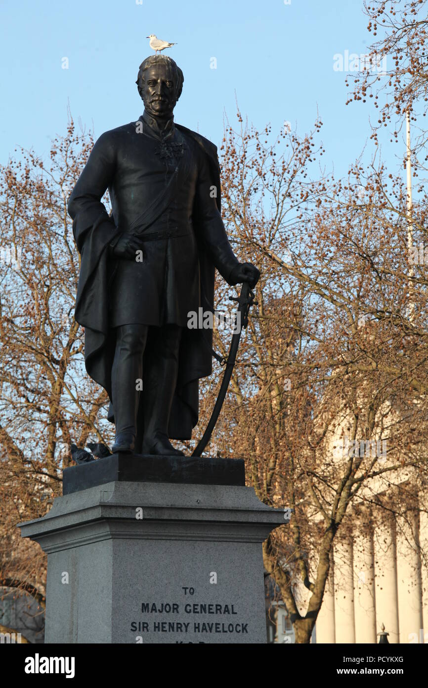 Monument à célèbre le major-général Sir Henry Havelock sur Trafalgar Square à Londres béni avec mouette assis sur le dessus de sa tête dans les rayons de soleil Banque D'Images