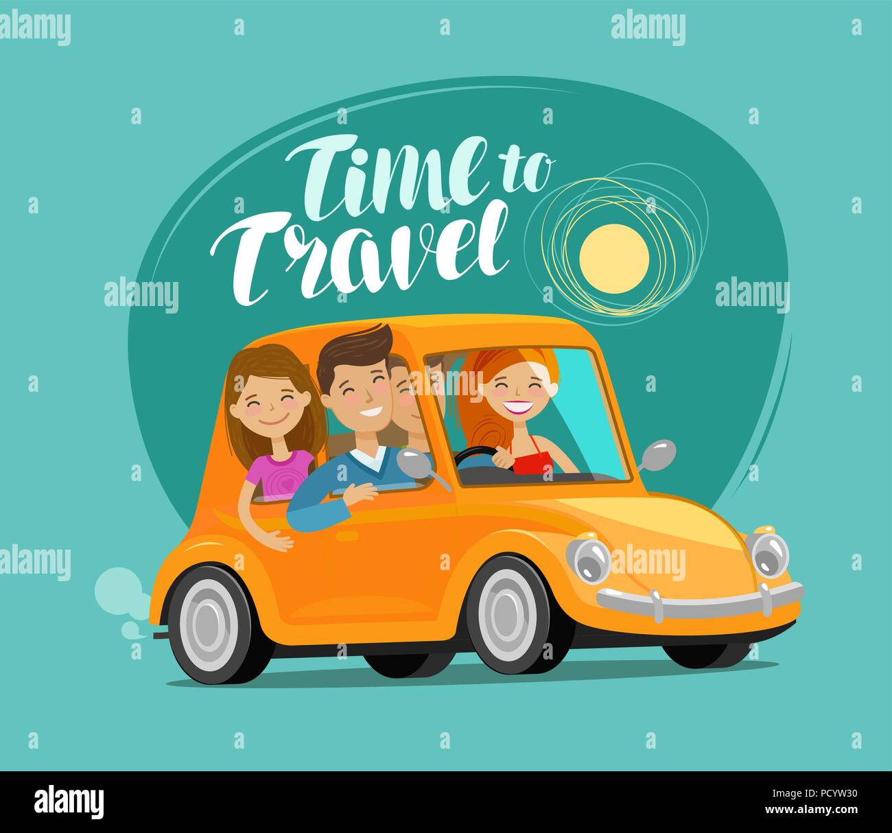 Concept de voyage. Happy friends ride sur voiture rétro voyage. Funny cartoon vector illustration Illustration de Vecteur
