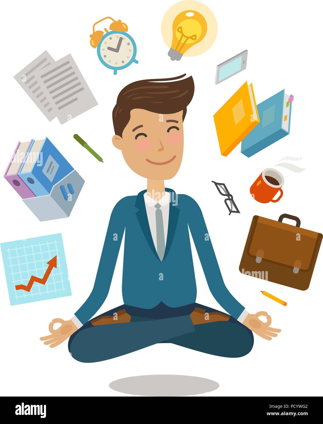 Businessman sitting in lotus pose. Bureau d'affaires, concept. Cartoon vector illustration Illustration de Vecteur