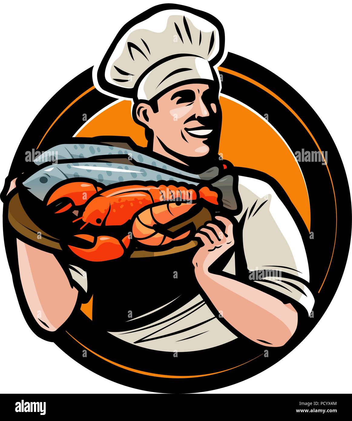 Logo de fruits de mer ou de l'étiquette. Chef avec plateau de nourriture. Vector illustration Illustration de Vecteur