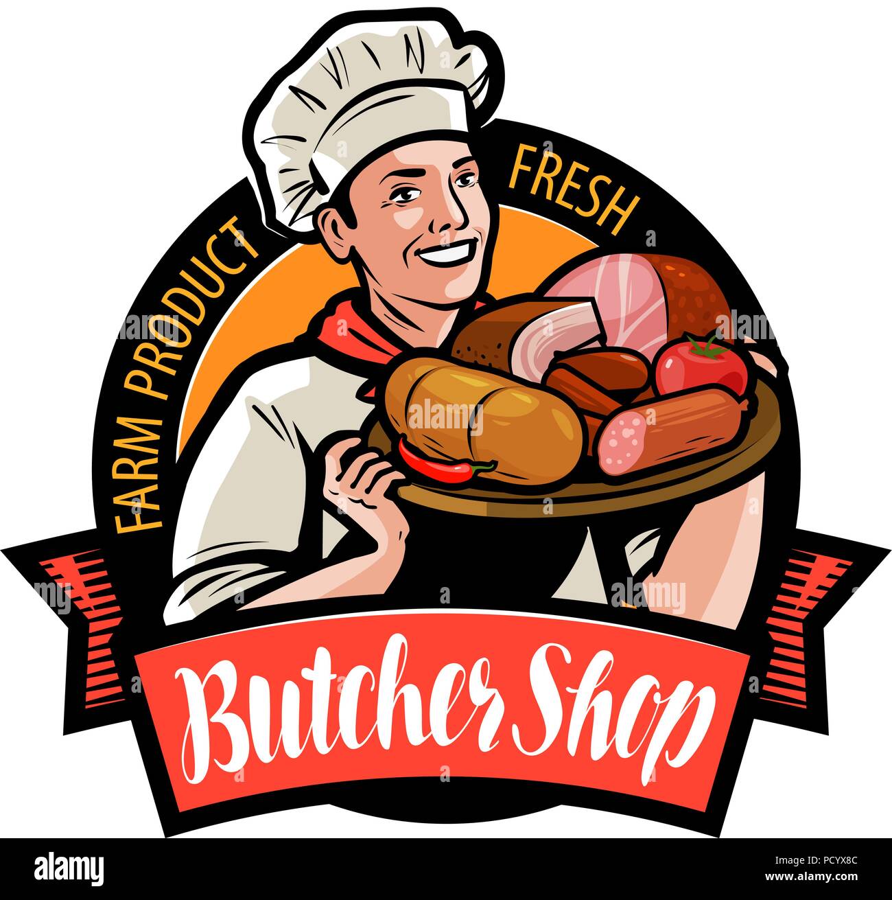 Boucherie logo ou label. Happy cook tenant un plateau avec des produits à base de viande. Cartoon vector illustration Illustration de Vecteur