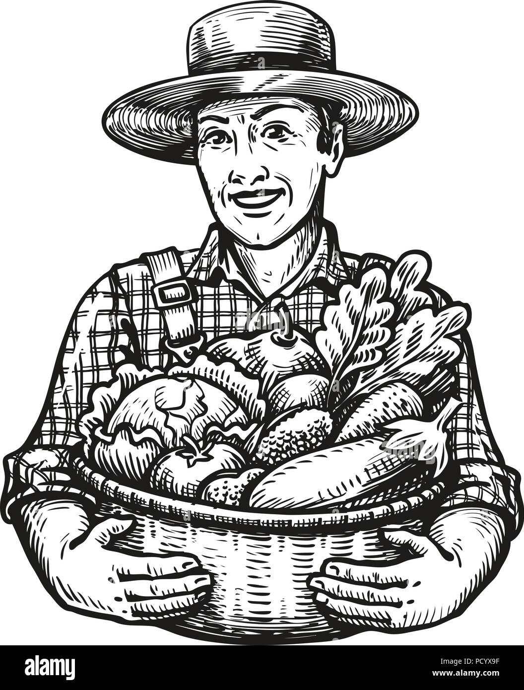 Heureux agriculteur détient un panier en osier plein de légumes frais. La récolte de la ferme, l'agriculture, concept. Vector illustration croquis Illustration de Vecteur