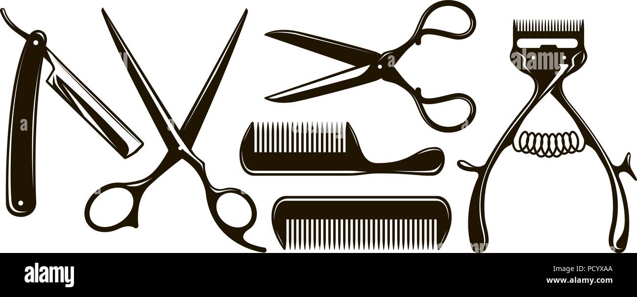 Coiffure pour des articles tels que des ciseaux, peigne, rasoir, tondeuse à cheveux mécanique. Silhouettes vecteur rétro Illustration de Vecteur