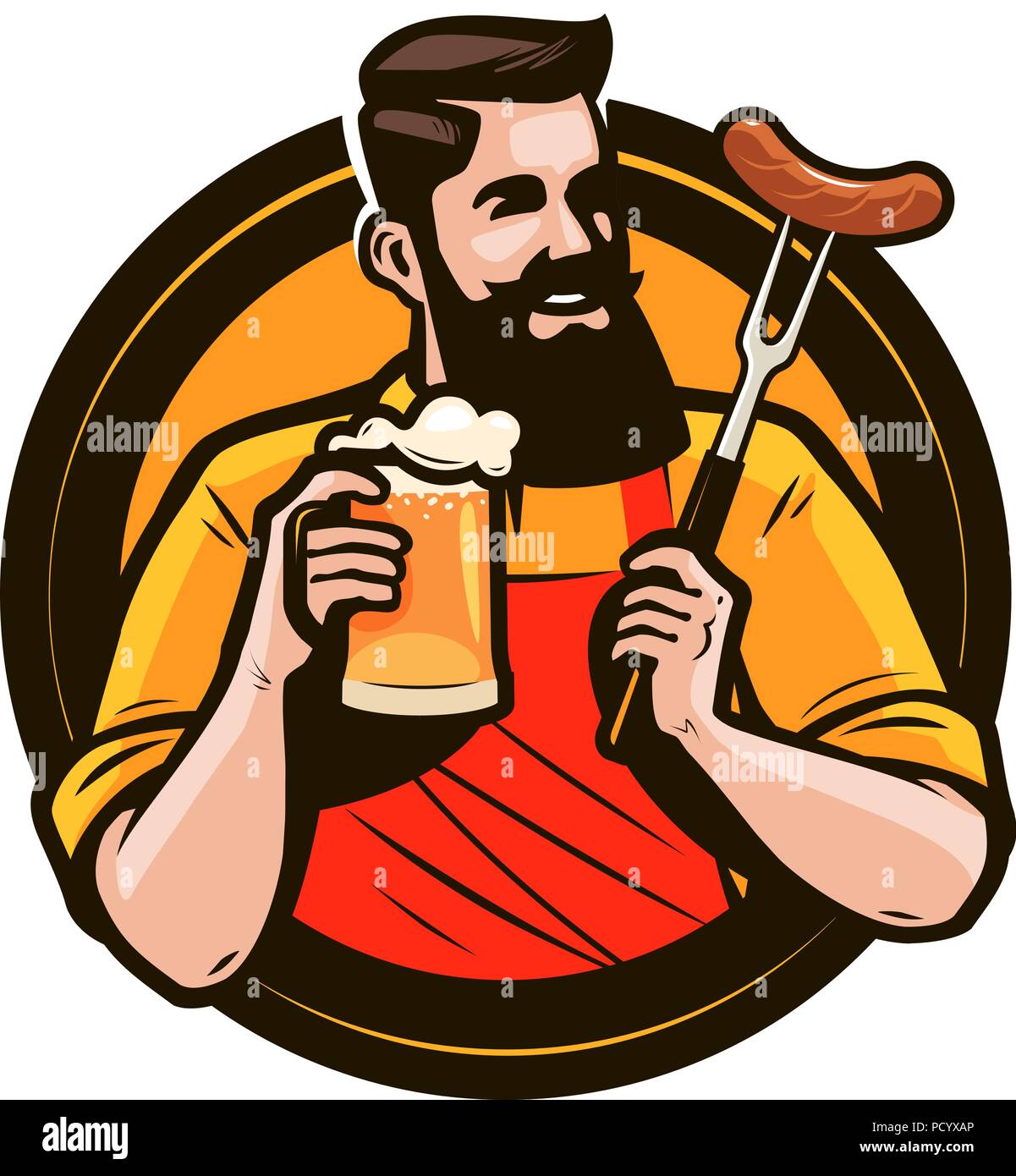Heureux homme tenant une chope de bière fraîche. Brasserie, pub, boire de l'alcool ou le logo de l'étiquette. Vector illustration Illustration de Vecteur