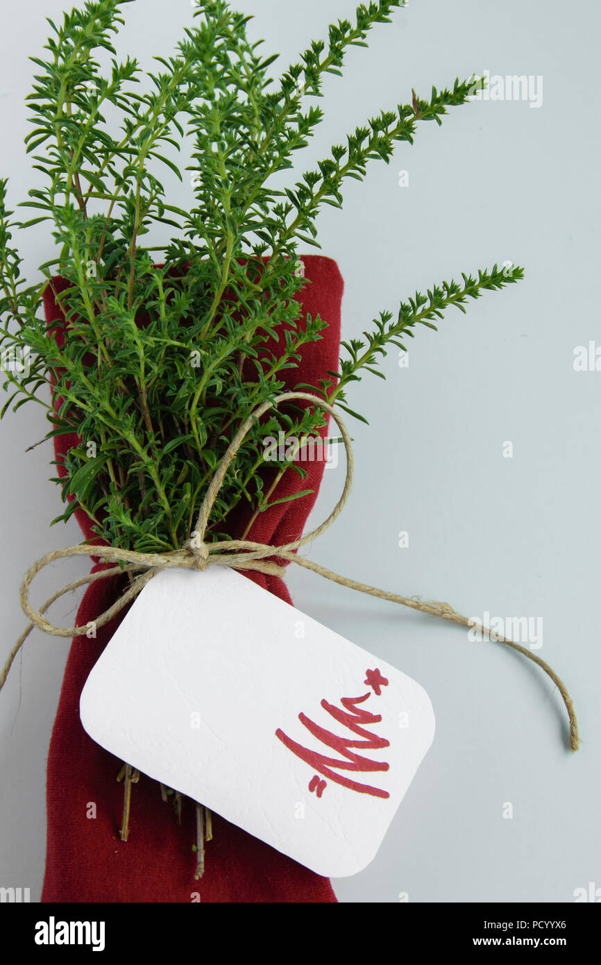 Décoration de table de Noël dans un style minimaliste, serviette rouge avec herbes et sain avec cartes d'endroit de l'arbre de Noël Banque D'Images