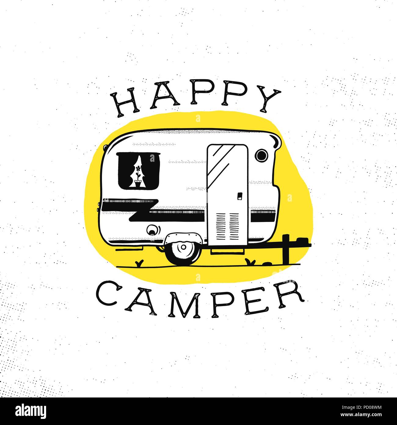 Loisirs mobiles. Remorque campeur heureux au croquis silhouette style. Vintage hand drawn camp rv. Maison sur roues. Transport voyage lent. Vecteur d'actions isolées sur cercle jaune Illustration de Vecteur