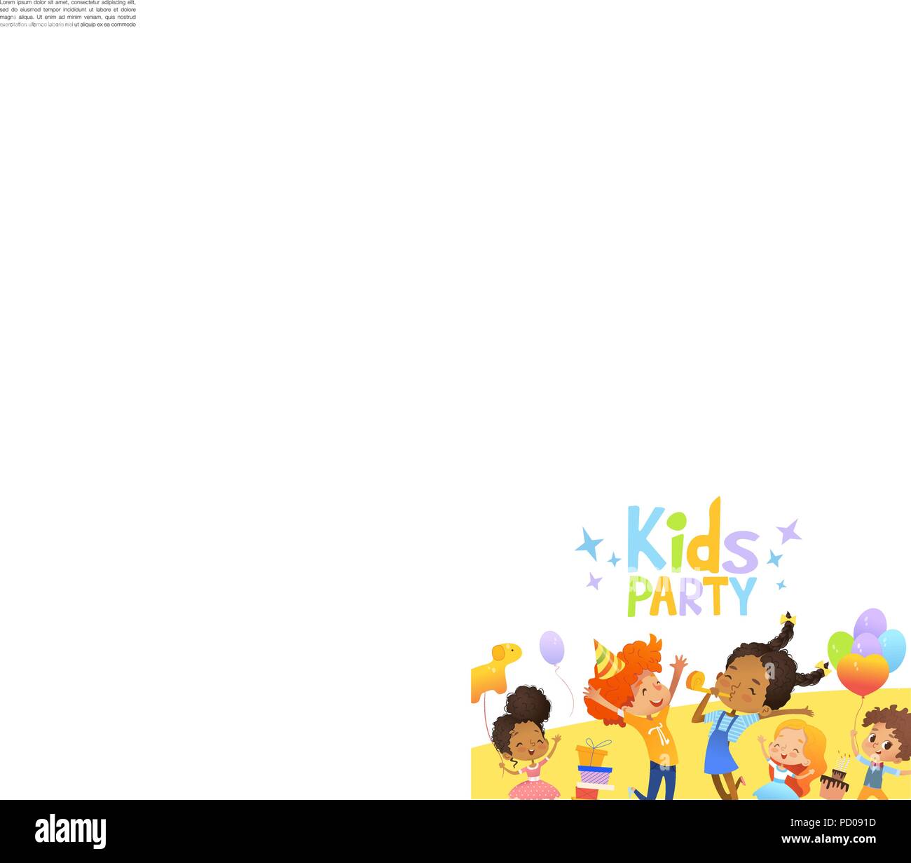 Joyeux anniversaire enfants multiraciale en ballons chapeaux et aller joyeusement. Le lapin mignon, un tas de présente sur l'arrière-plan. Vector Illustration d'un joyeux anniversaire Carte de Vœux ou invitation flyer. Illustration de Vecteur