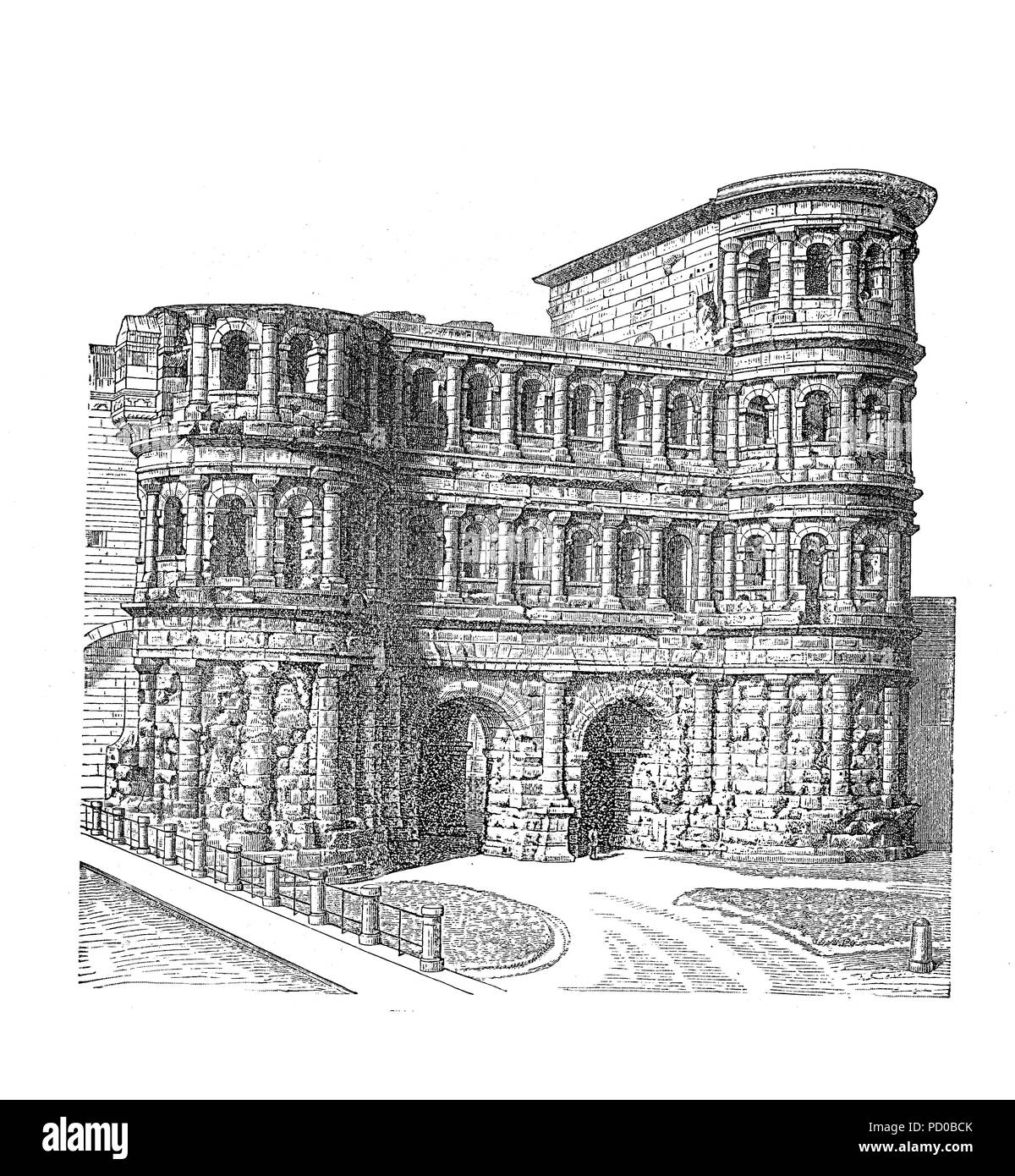Porta Nigra, magnifique 2ème siècle porte de la ville romaine de Trèves en Allemagne, gravure d'époque Banque D'Images