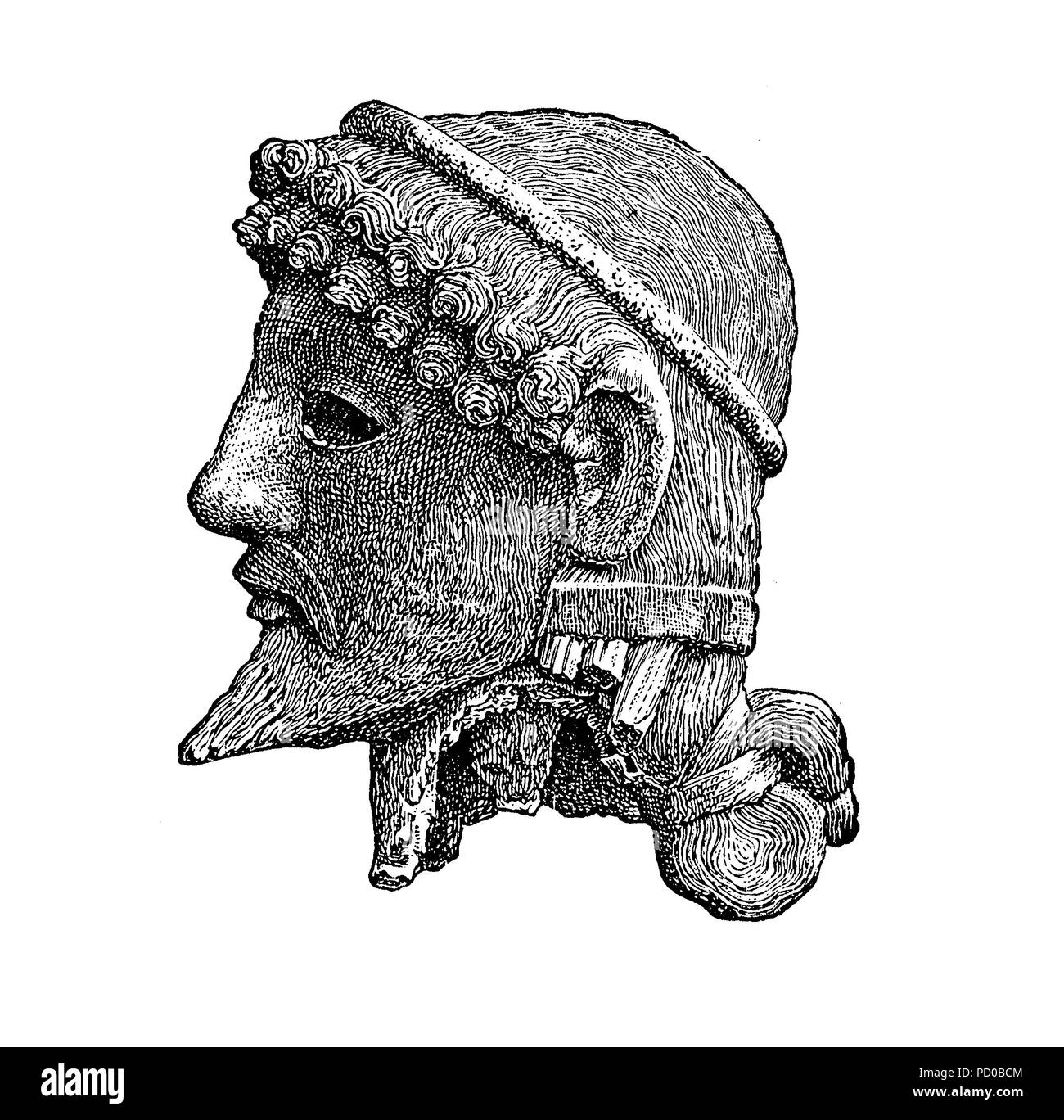 Dieu grec Zeus tête sculptée, gravure d'époque Banque D'Images