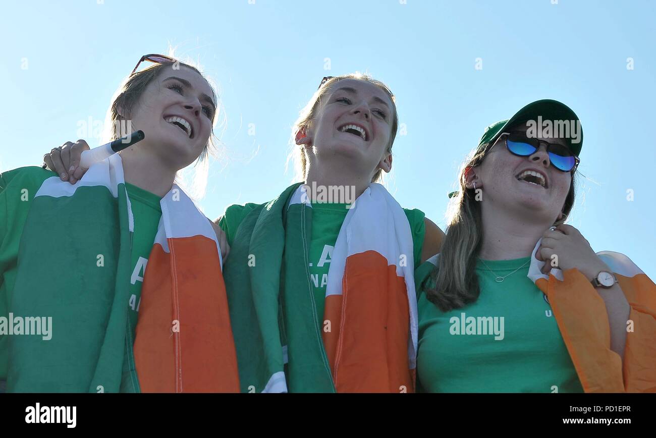 Londres, Royaume-Uni. Le 05 août, 2018. Des fans irlandais. Holland / Irlande. Match 36. Finale. Médaille d'or. Womens Hockey World Cup 2018. Lee Valley hockey centre. Queen Elizabeth Olympic Park. Stratford. Londres. UK. 05/08/2018. Credit : Sport en images/Alamy Live News Banque D'Images