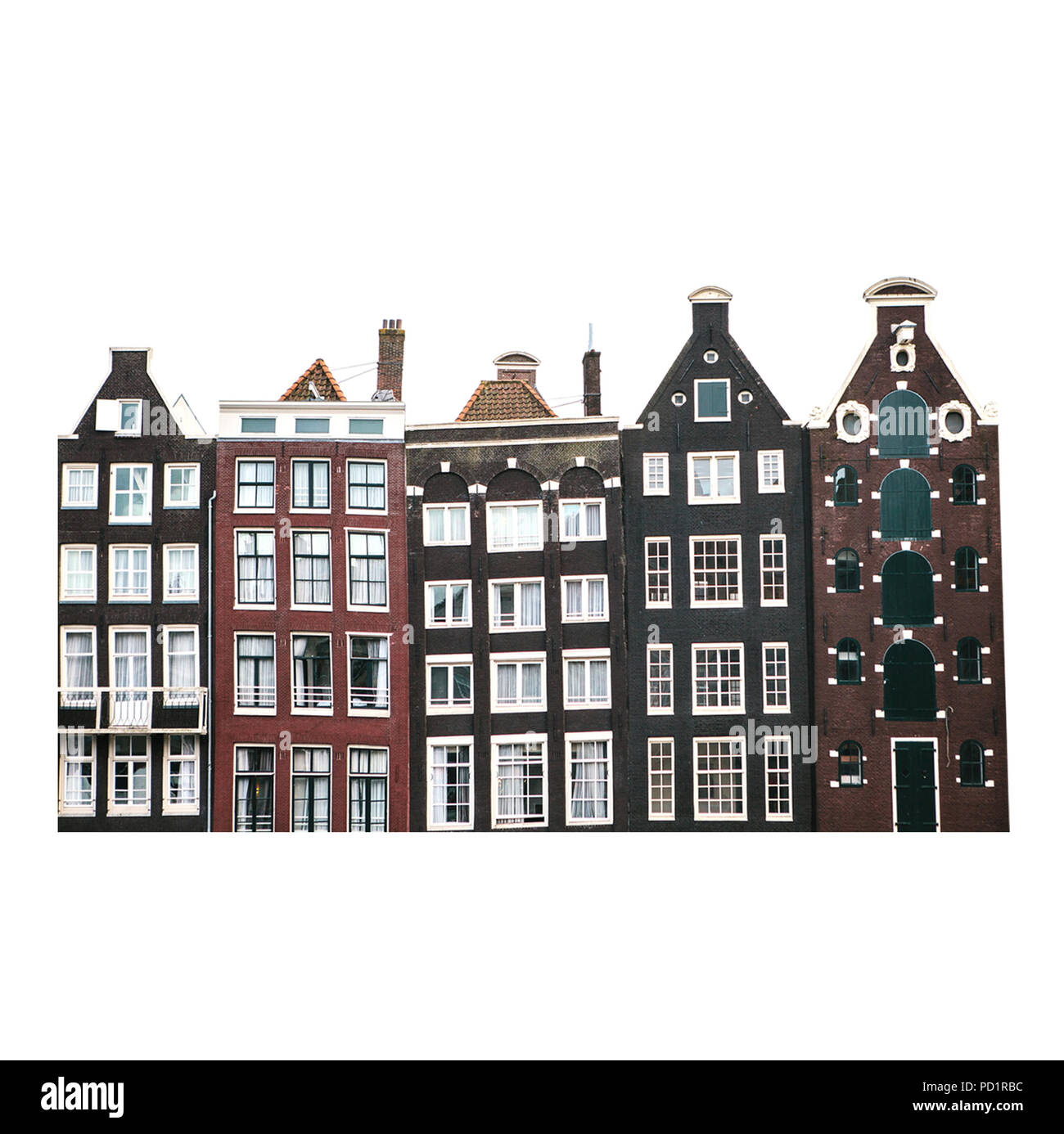 Maisons traditionnelles à Amsterdam aux Pays-Bas dans une rangée isolé sur fond blanc. Banque D'Images
