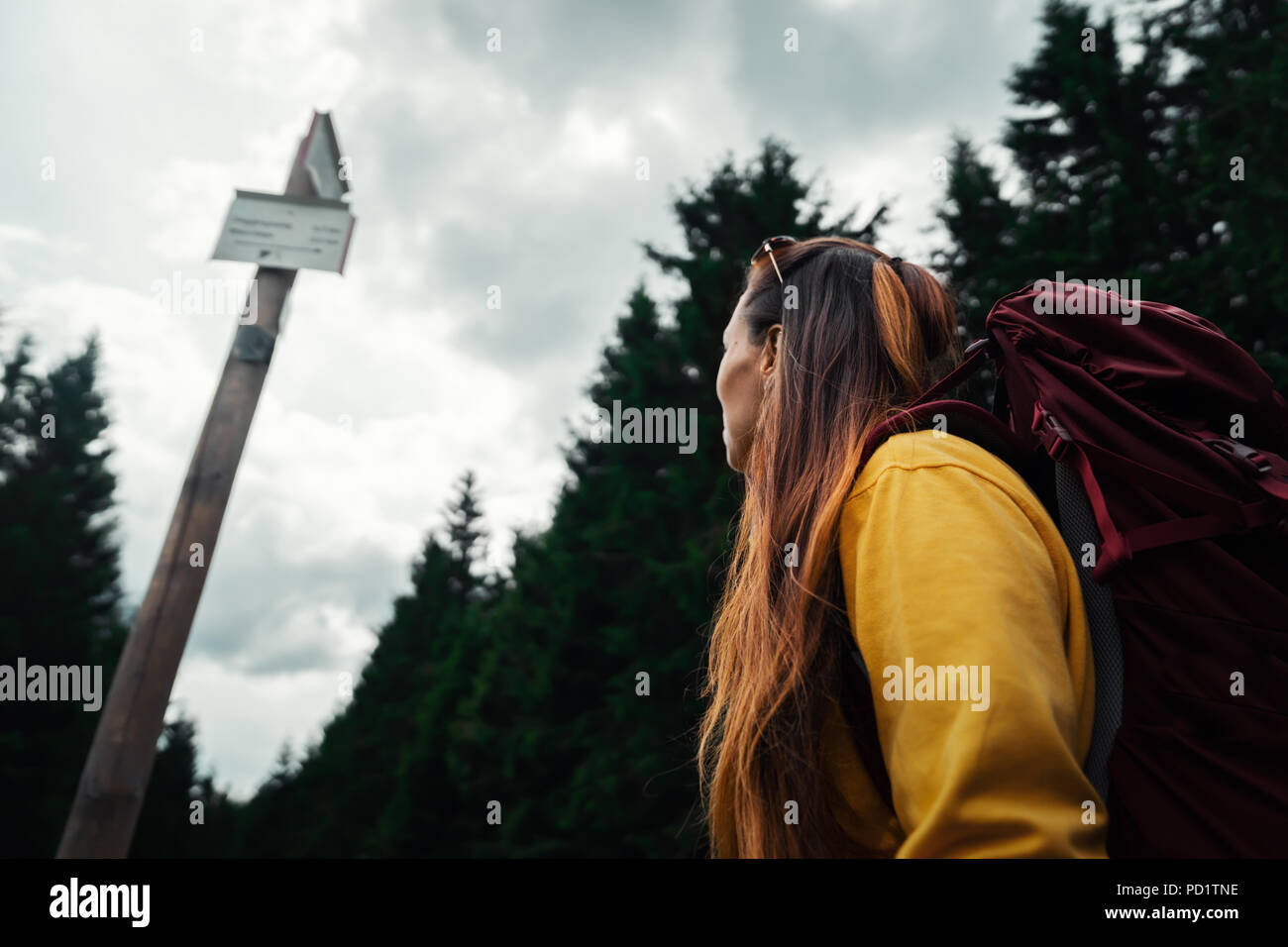 Jeune femme avec sac à dos dans la forêt pendant une randonnée dans les montagnes avec pancarte en arrière-plan Banque D'Images