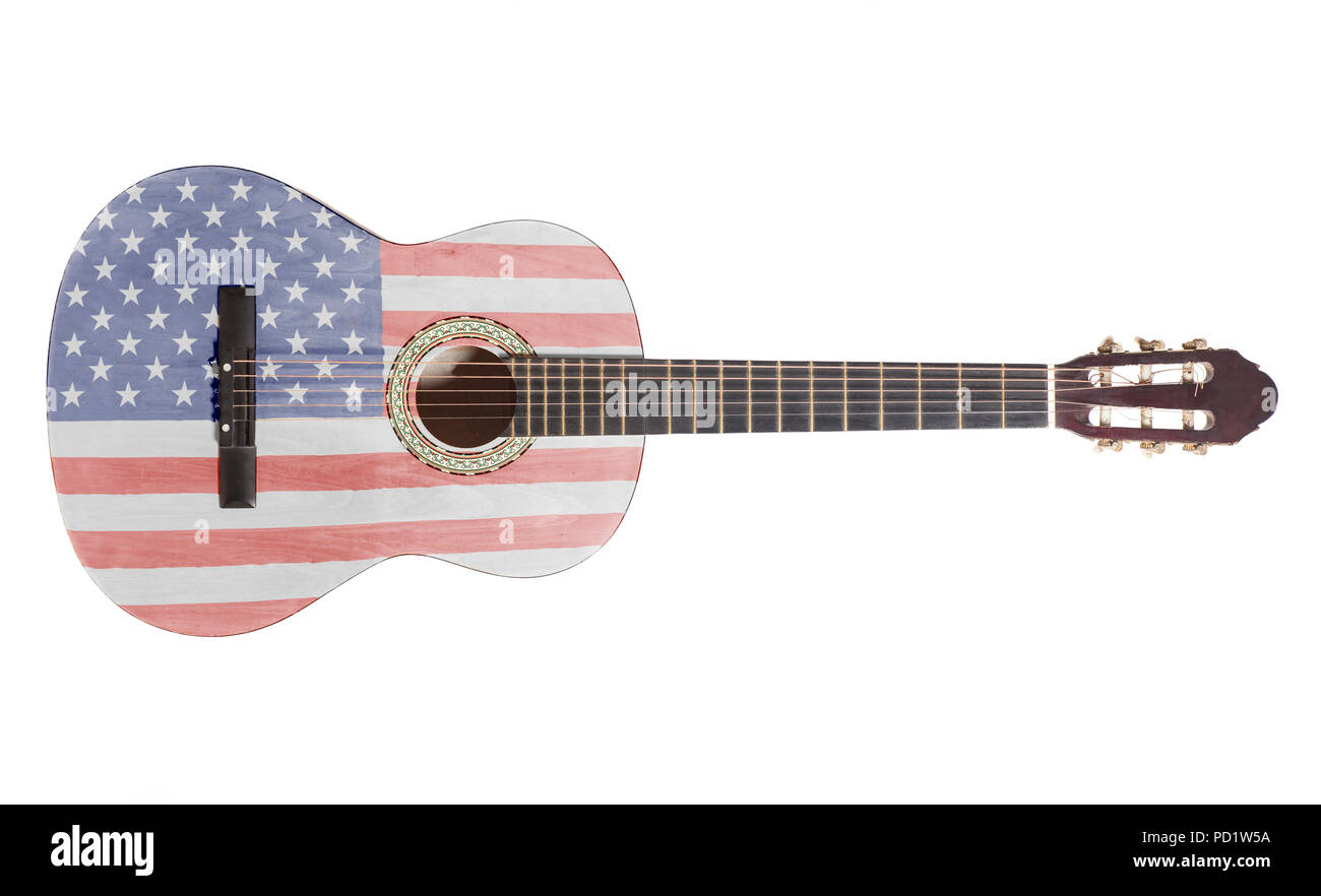 Guitare acoustique avec USA Flag isolé sur fond blanc Banque D'Images