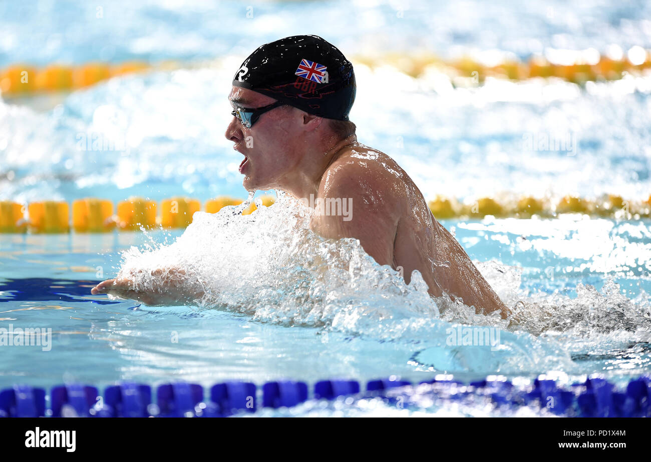 James Wilby, en Grande-Bretagne, participe à la demi-finale BreastStroke de 200 m masculin au cours du quatrième jour des Championnats d'Europe 2018 au Tollcross International Swimming Centre, Glasgow. APPUYEZ SUR ASSOCIATION photo. Date de la photo: Dimanche 5 août 2018. Voir PA Story NATATION européenne. Le crédit photo devrait se lire comme suit : Ian Rutherford/PA Wire. Banque D'Images