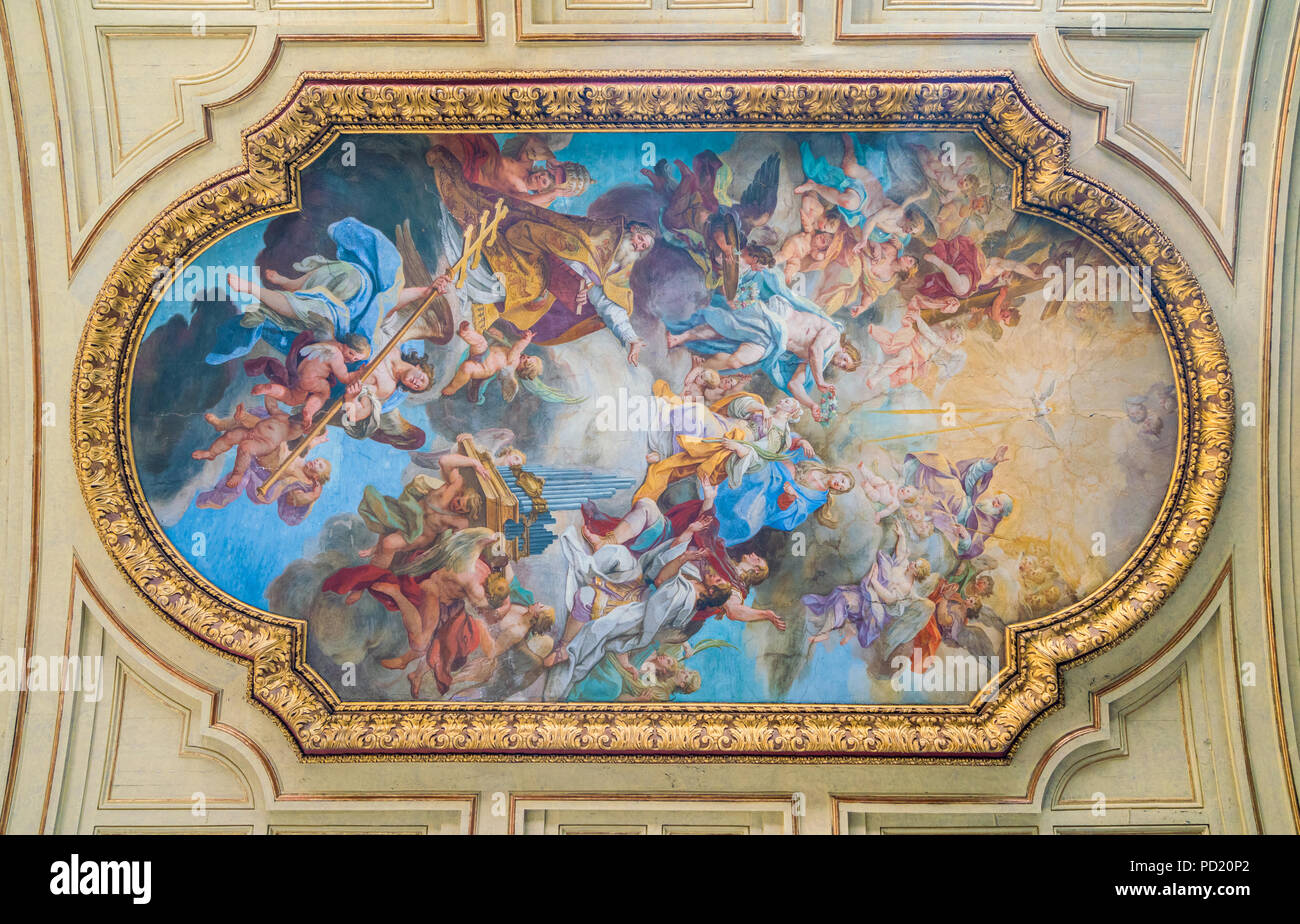 'Couronnement de Saint Cecilia dans le ciel' par Sebastiano Conca, dans le plafond de l'église de Santa Cecilia in Trastevere à Rome, Italie. Banque D'Images