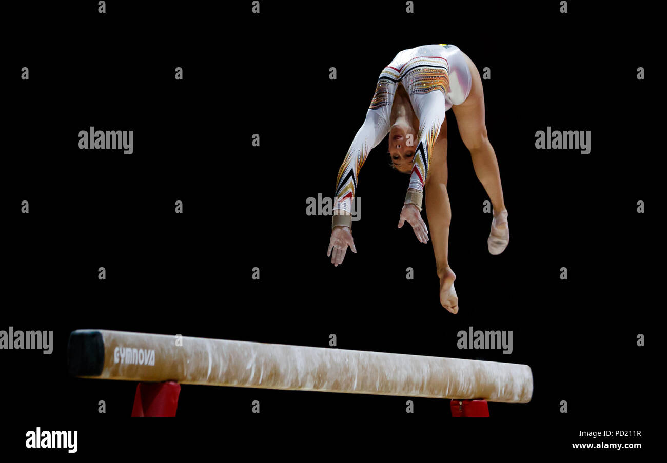 Nina Derwael en Belgique lors de la finale du faisceau féminin au quatrième jour des Championnats d'Europe 2018 au SSE Hydro, Glasgow.APPUYEZ SUR ASSOCIATION photo.Date de la photo: Dimanche 5 août 2018.Voir PA Story sport européen.Le crédit photo devrait se lire comme suit : John Walton/PA Wire.RESTRICTIONS : utilisation éditoriale uniquement, aucune utilisation commerciale sans autorisation préalable Banque D'Images