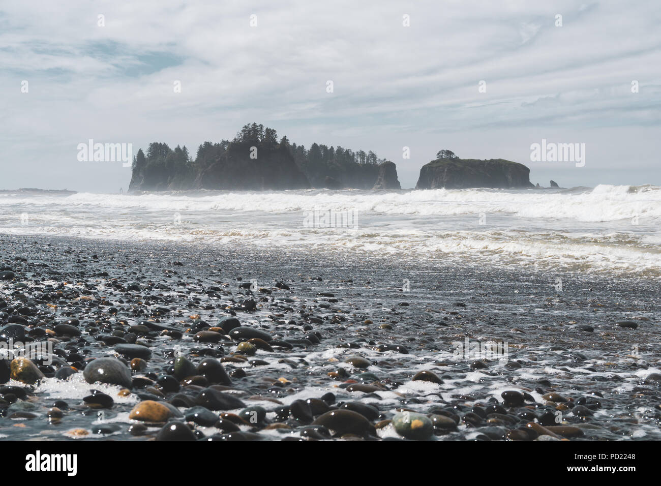 Le Rialto Beach avec des affleurements rocheux au large du littoral des piles d'une vague de mer jour océanique, la Push, Olympic National Park, Forks, état de Washington, USA. Banque D'Images