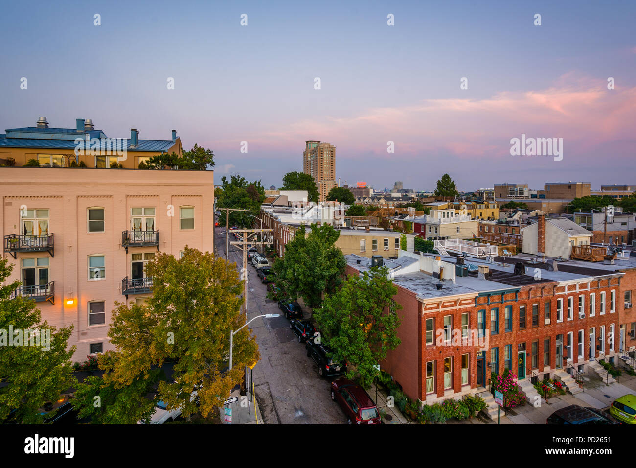 Vue de la rue de Hambourg au coucher du soleil dans la région de Federal Hill, Baltimore, Maryland Banque D'Images