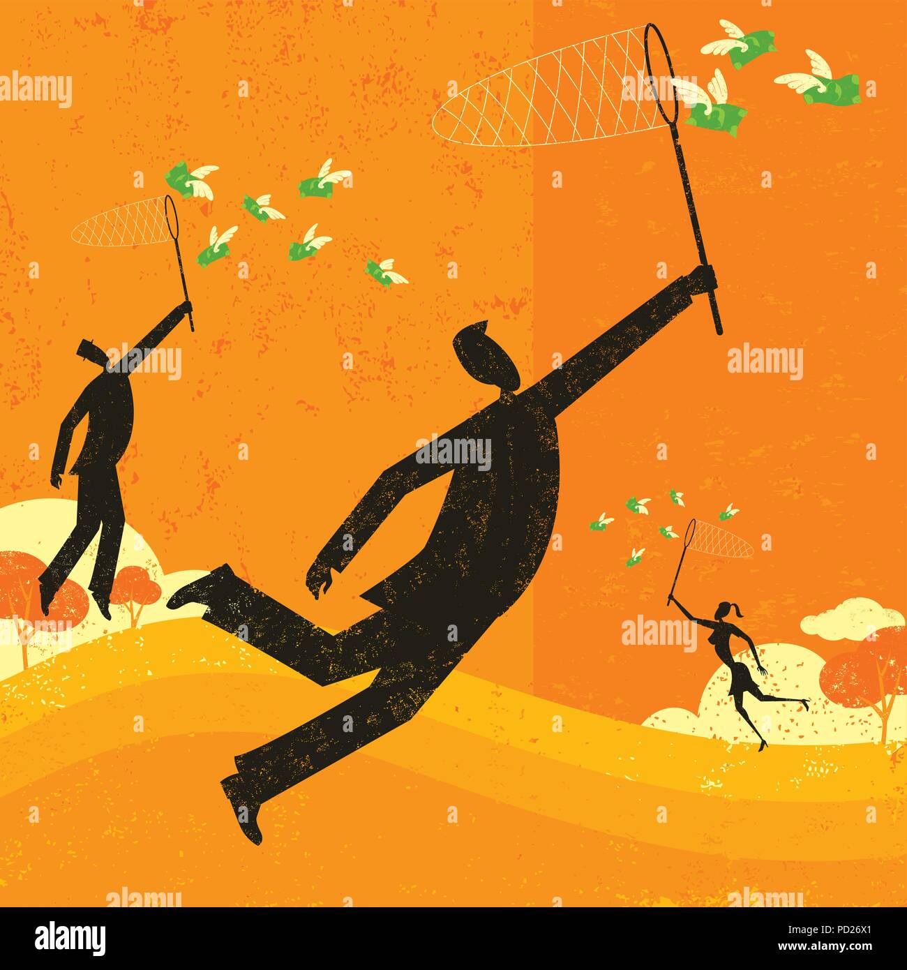 Chasser les gens d'affaires de dollars à la poursuite de l'argent vol avec filets à papillons. Le peuple et l'arrière-plan sont étiquetés sur des couches. Illustration de Vecteur