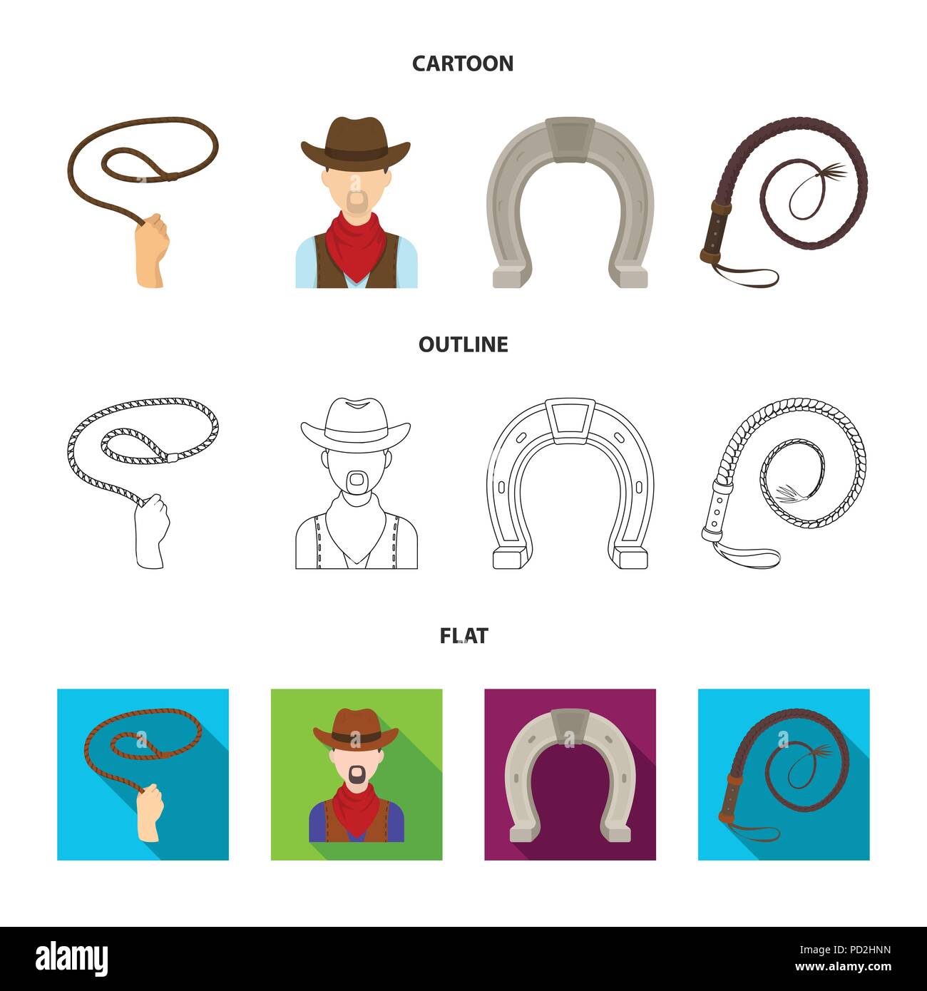 Lasso main, cowboy, horseshoe, whip. Rodeo collection set icônes de cartoon,télévision,contour symbole style vector illustration stock . Illustration de Vecteur