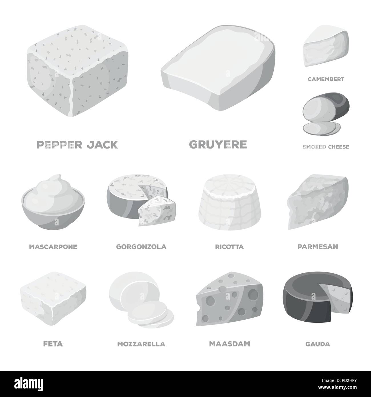 Différents types de fromage en icônes monochromes collection set pour ...