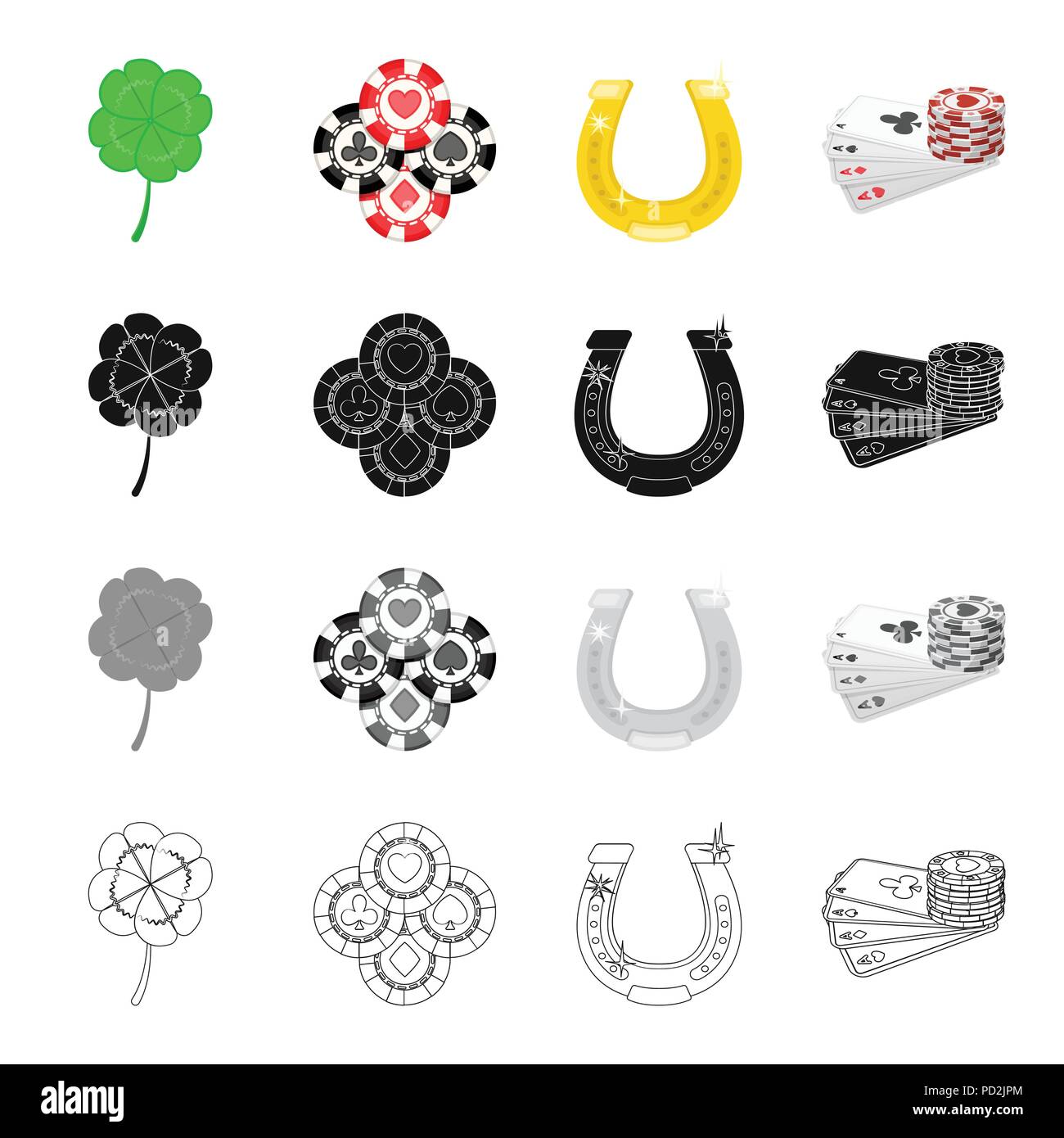 Clover Leaf pour chance, jetons dans le casino, l'or horseshoe, cartes et puces. Jeu de Casino collection icônes de cartoon style du contour noir monochrome vect Illustration de Vecteur