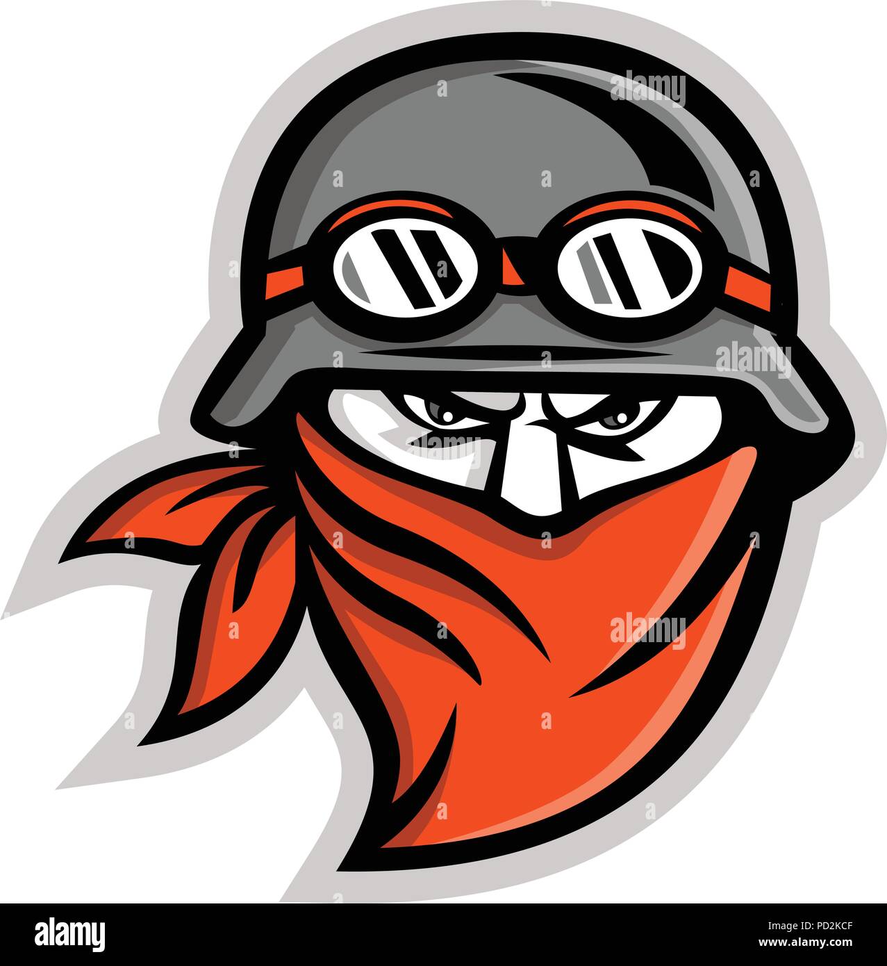 Icône mascotte illustration de tête d'un club de motards mâles rider biker ou portant un casque vintage, lunettes et foulard bandana ou vu de f Illustration de Vecteur