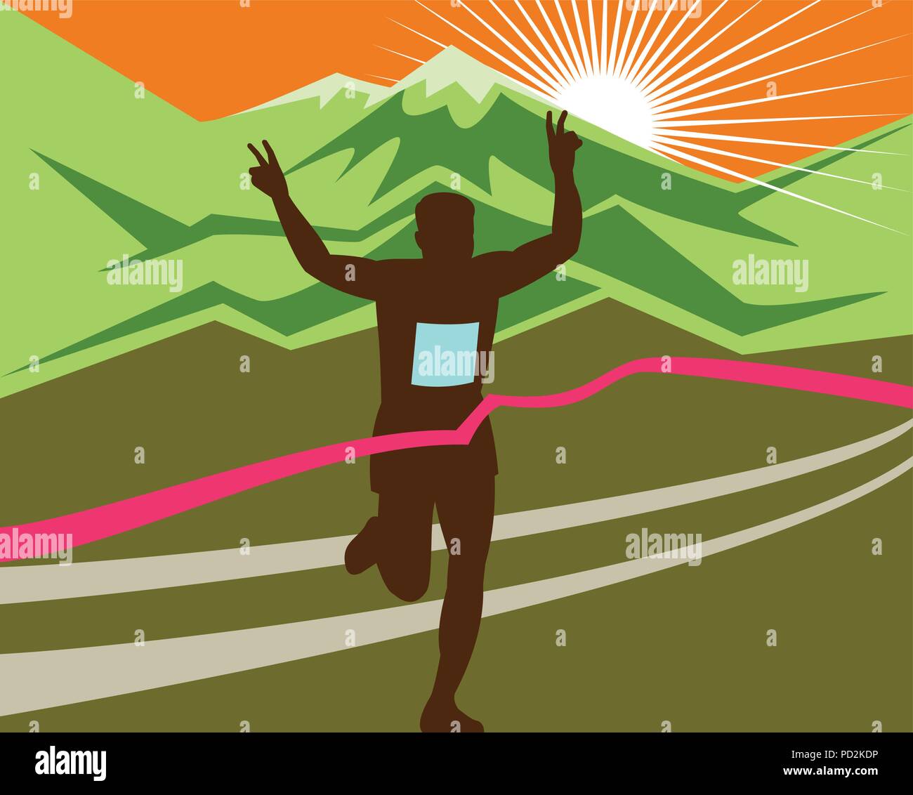 Illustration d'un style rétro silhouette de marathon race runner finition main victoire clignotant avec une montagne et solarisation et finis Illustration de Vecteur