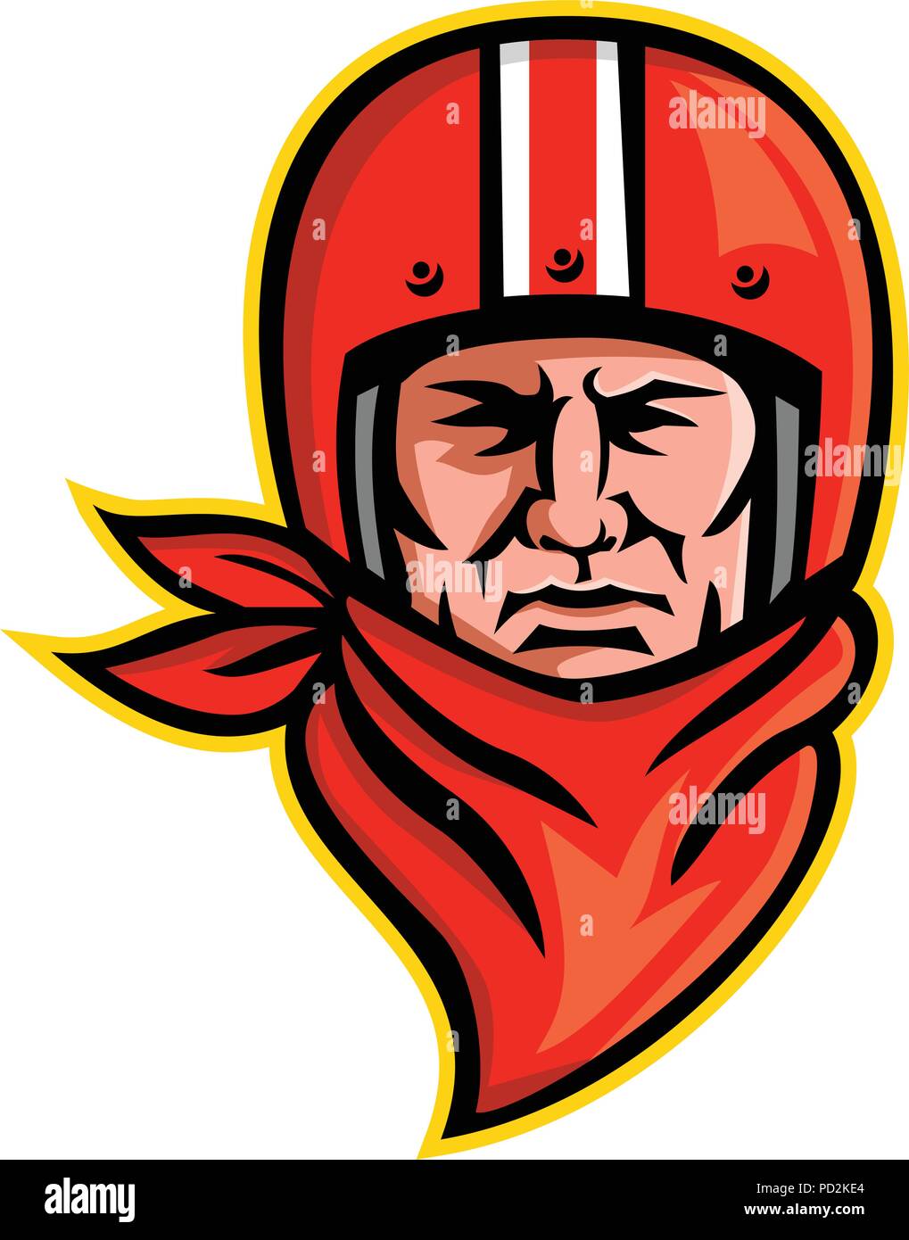 L'icône illustration mascotte de la tête d'un homme biker ou club de moto rider portant un casque vintage foulard ou bandana et vue de l'avant sur des Illustration de Vecteur