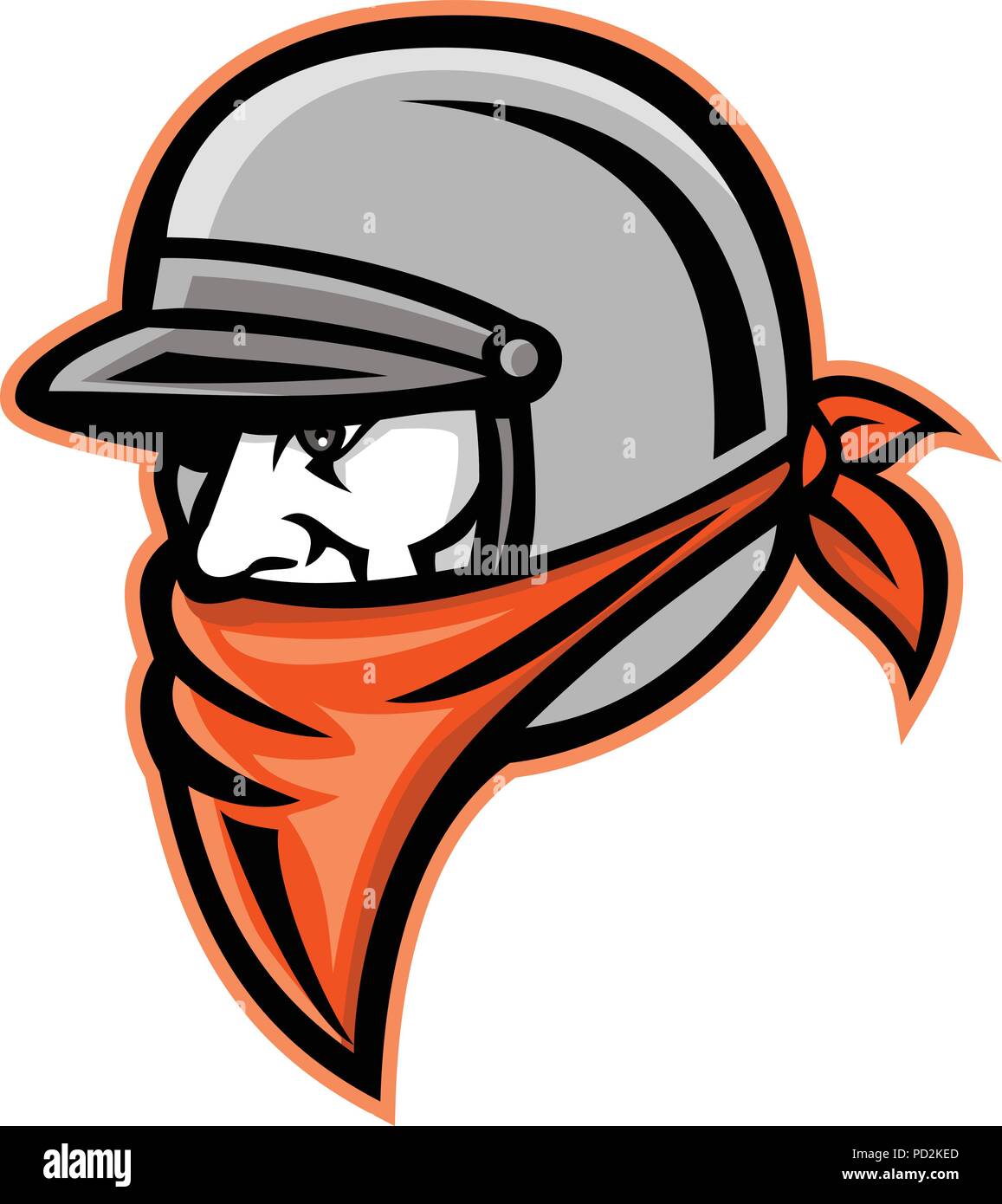 L'icône illustration mascotte de la tête d'un mâle outlaw biker ou club de moto rider portant un casque vintage foulard ou bandana et vu de côté sur est Illustration de Vecteur