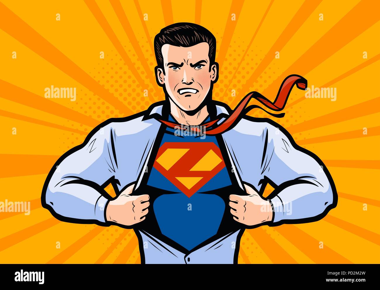 Super-héros ou businessman larmes sa chemise. Vector illustration dans le style pop art bande dessinée Illustration de Vecteur