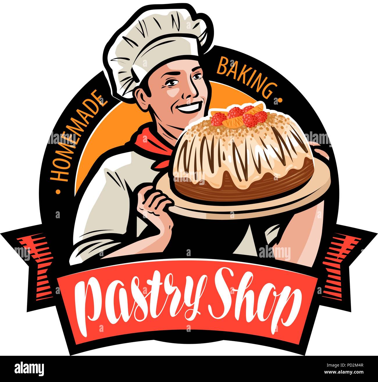 Logo de pâtisserie ou de l'étiquette. Cook est titulaire d'un bac avec un gâteau. Cartoon vector illustration Illustration de Vecteur