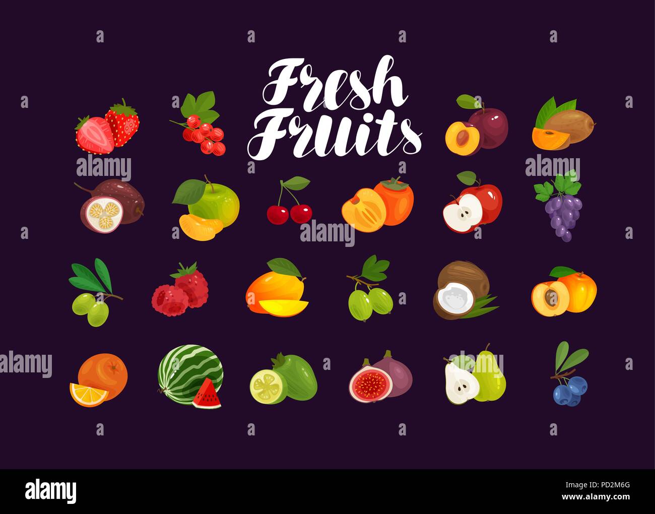Les fruits et les baies, ensemble d'icônes. La nourriture, greengrocery, concept de ferme. Vector illustration Illustration de Vecteur