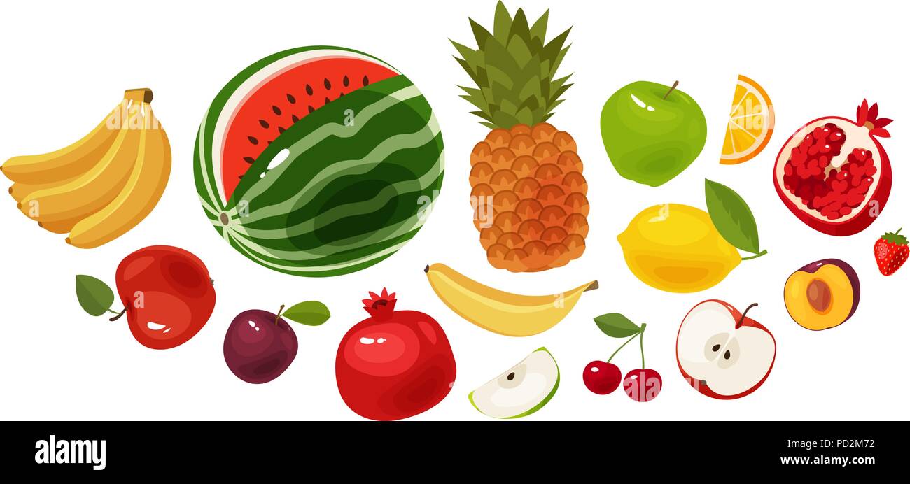 Fruits frais, bannière. La nourriture, icon set. Cartoon vector illustration Illustration de Vecteur