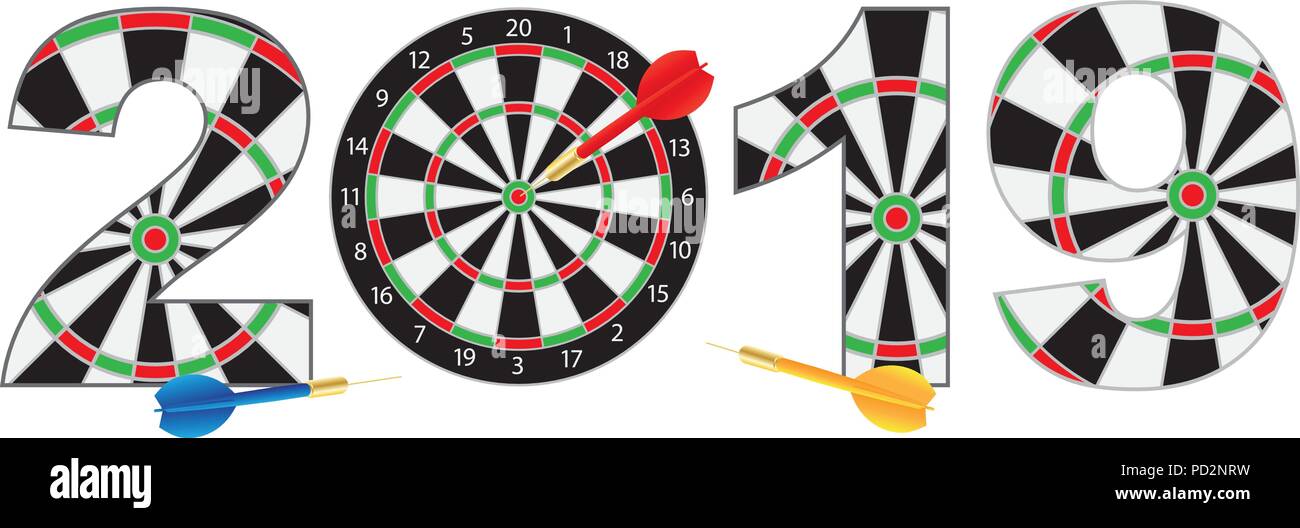Bonne année 2019 avec un jeu de fléchettes fléchettes sur frapper Chiffres Bullseye cible contours illustration isolé sur fond blanc Illustration de Vecteur