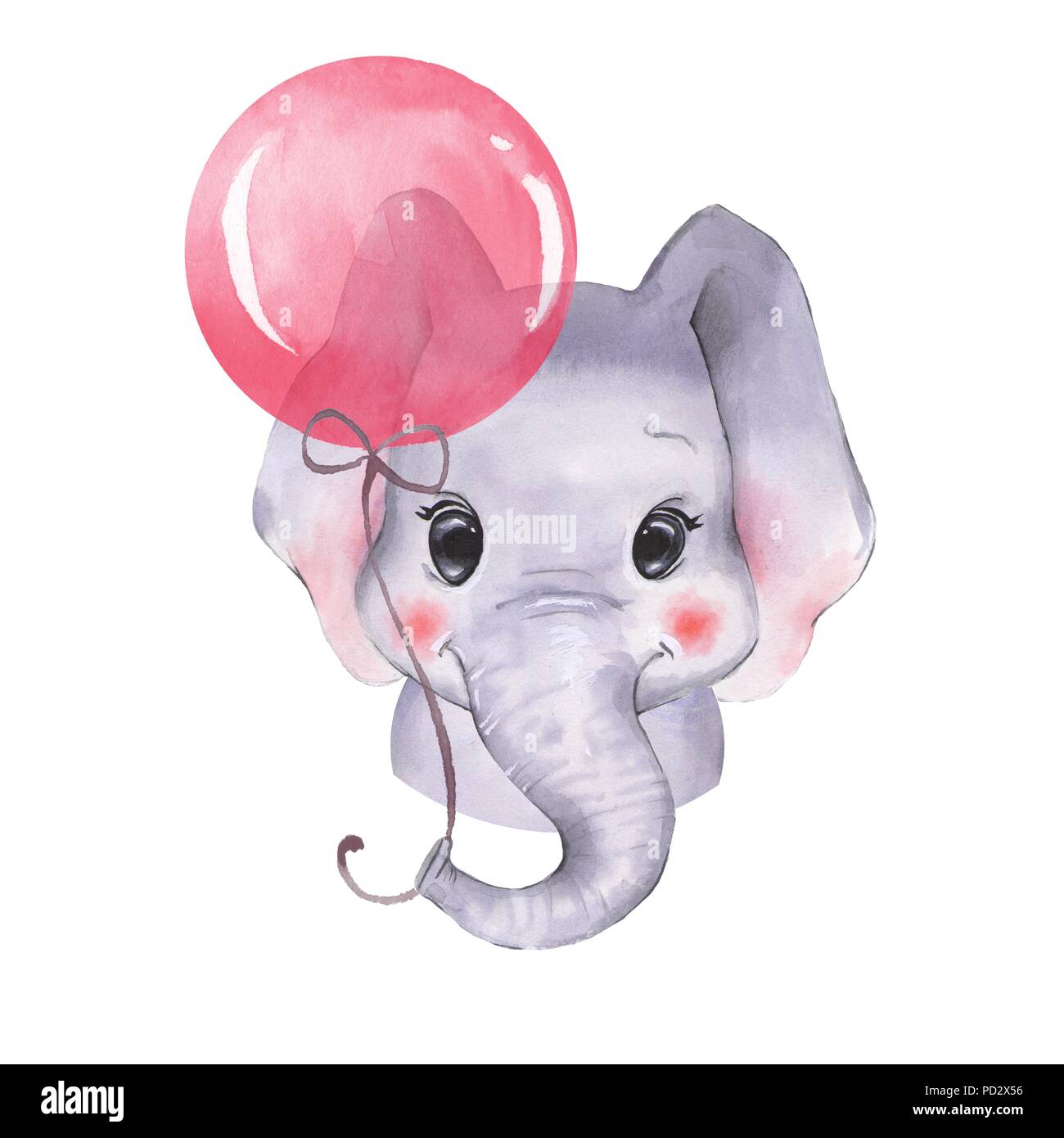 L'éléphant d'aquarelle avec ballon. Cute cartoon illustration, isolé sur fond blanc Banque D'Images