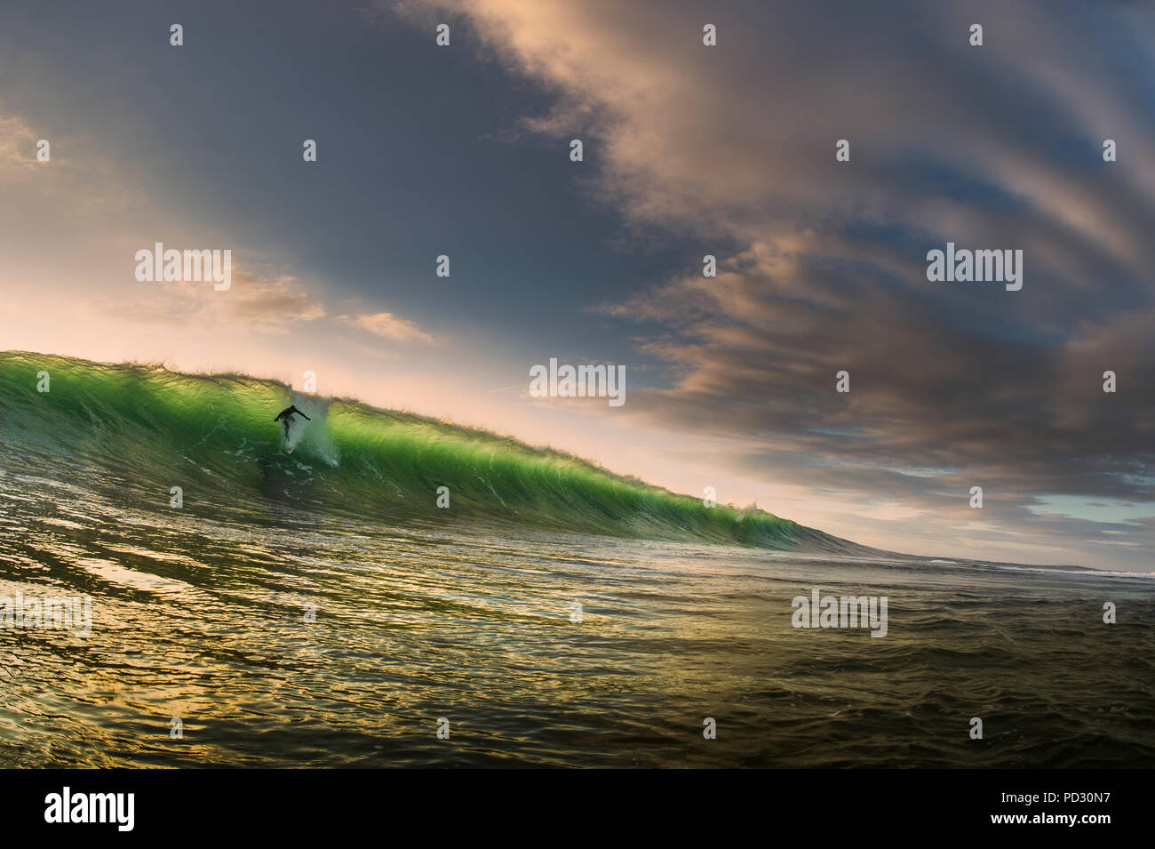 Surf surfer sur la vague de l'assiette au beurre, l'île du Crabe, Doolin, Clare, Irlande Banque D'Images