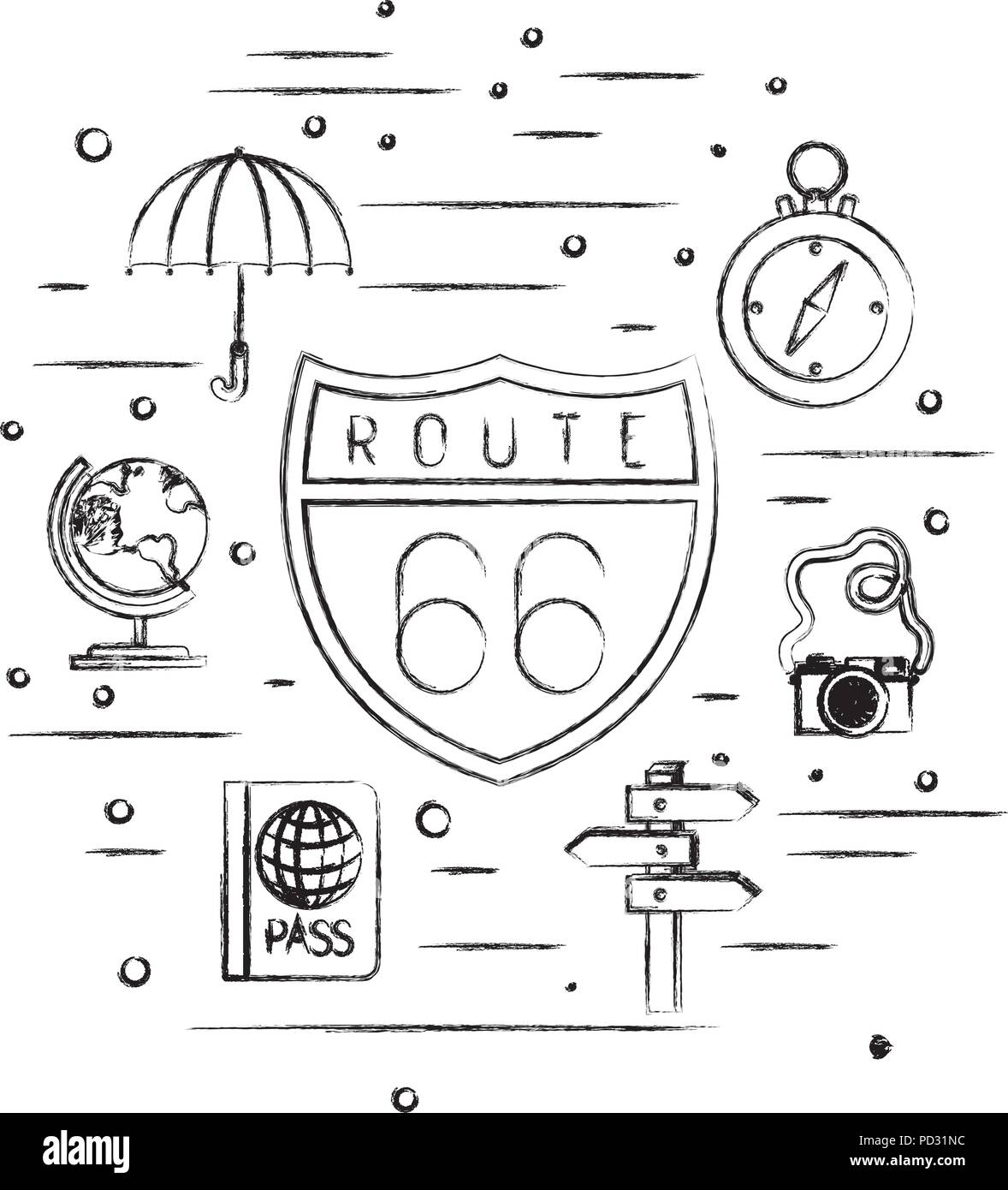66 route de signal avec set de voyage icons Illustration de Vecteur