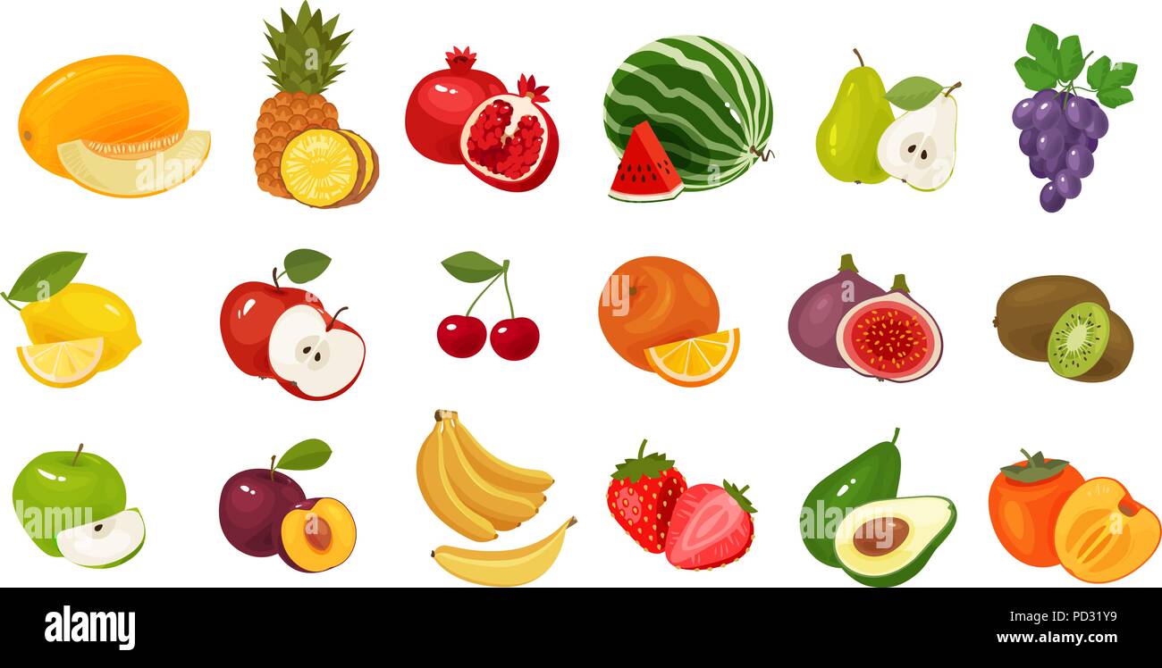 Les fruits et les baies, ensemble d'icônes colorées. Concept alimentaire. Vector illustration isolé sur fond blanc Illustration de Vecteur