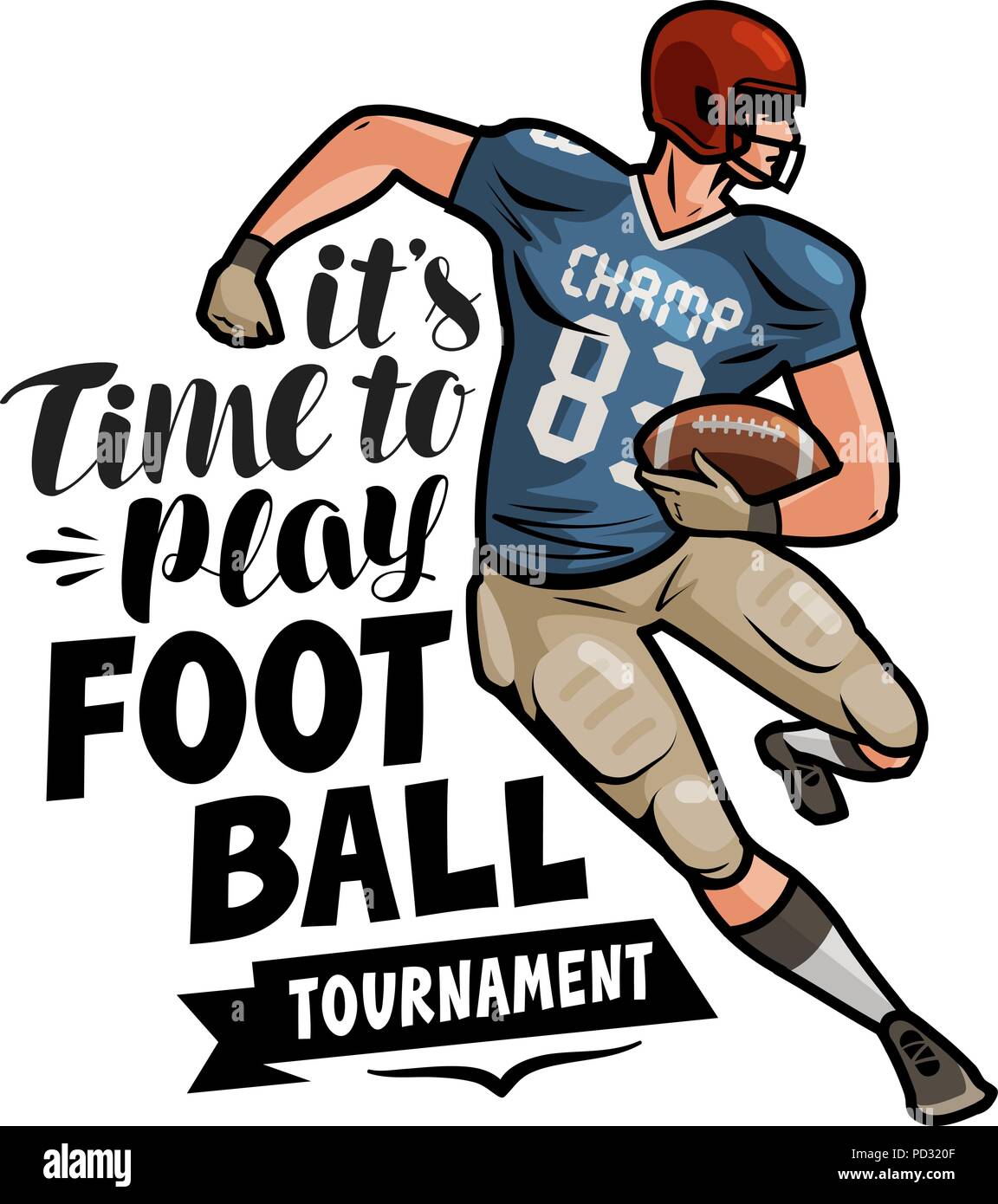 Football player exécutant avec la balle dans sa main. Le temps de jouer au football, le lettrage. cartoon vector Illustration de Vecteur