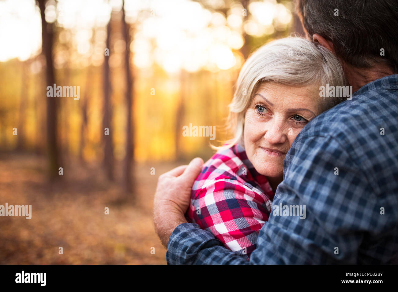 Couple en promenade dans une forêt d'automne. Banque D'Images