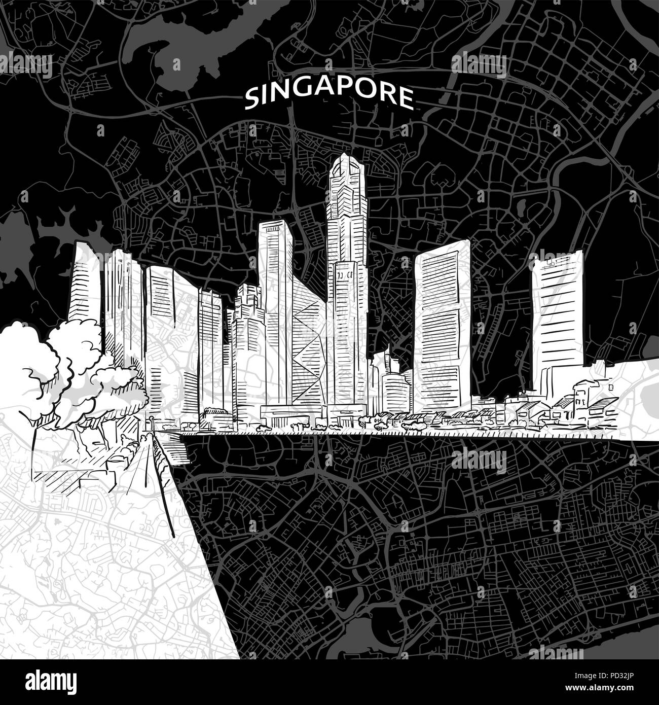 Dessin vectoriel de Singapour avec carte. billet monument. Couvercle noir et blanc et l'arrière-plan concept. Illustration de Vecteur