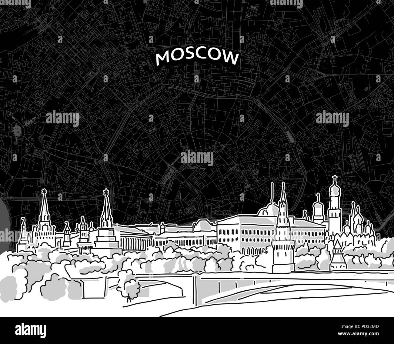 Dessin vectoriel de Moscow skyline avec carte. La Russie vue de voyage. Couvercle noir et blanc et l'arrière-plan concept. Illustration de Vecteur